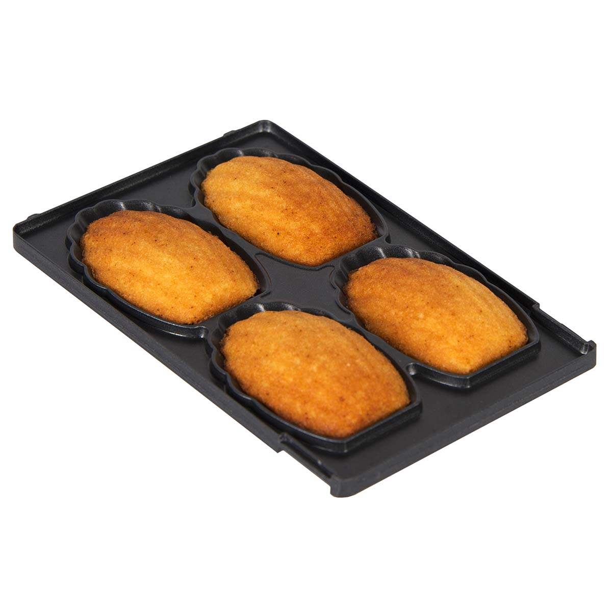Four golden-brown madeleines in a baking pan on a white background.