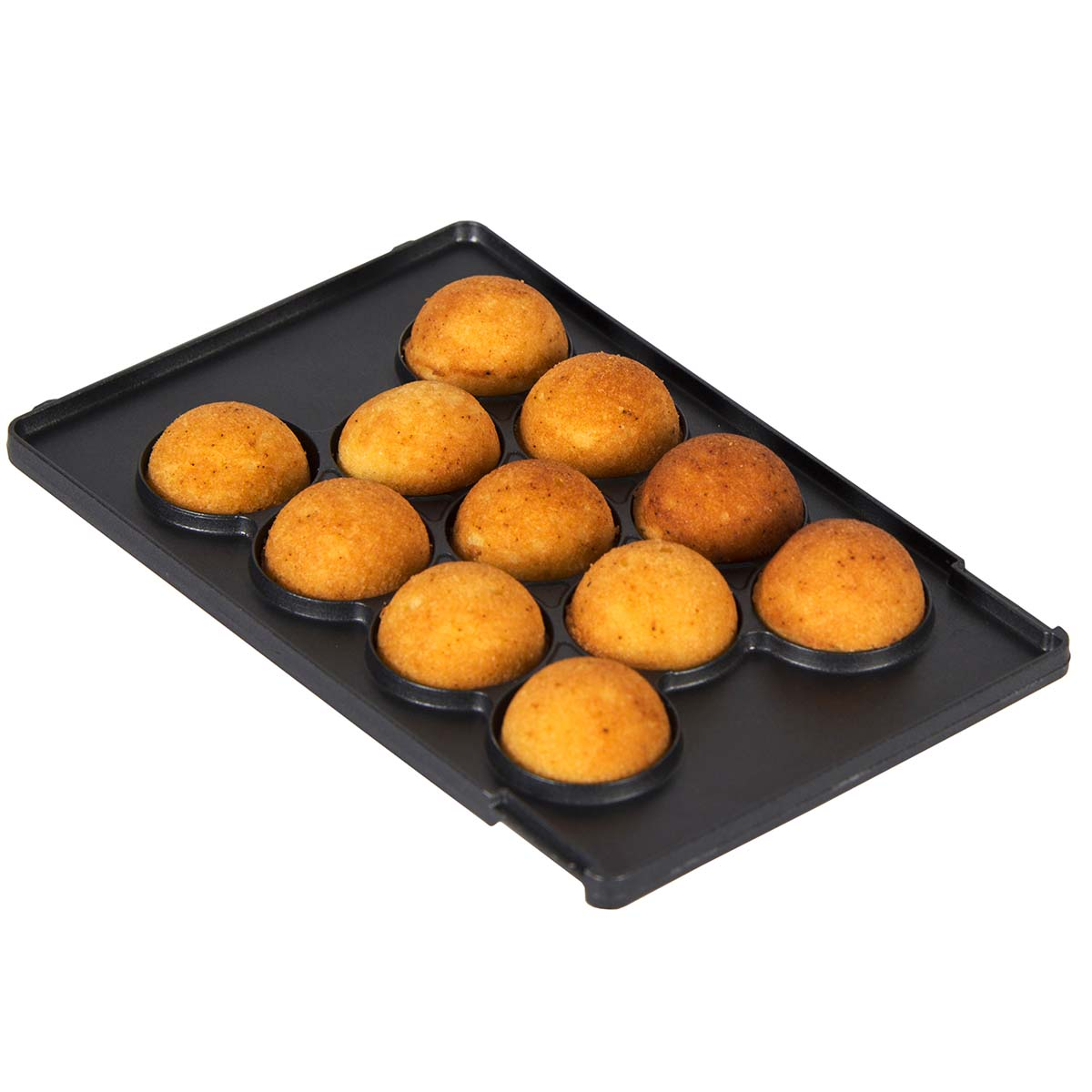 Ten golden-brown, round snacks on a black baking pan.