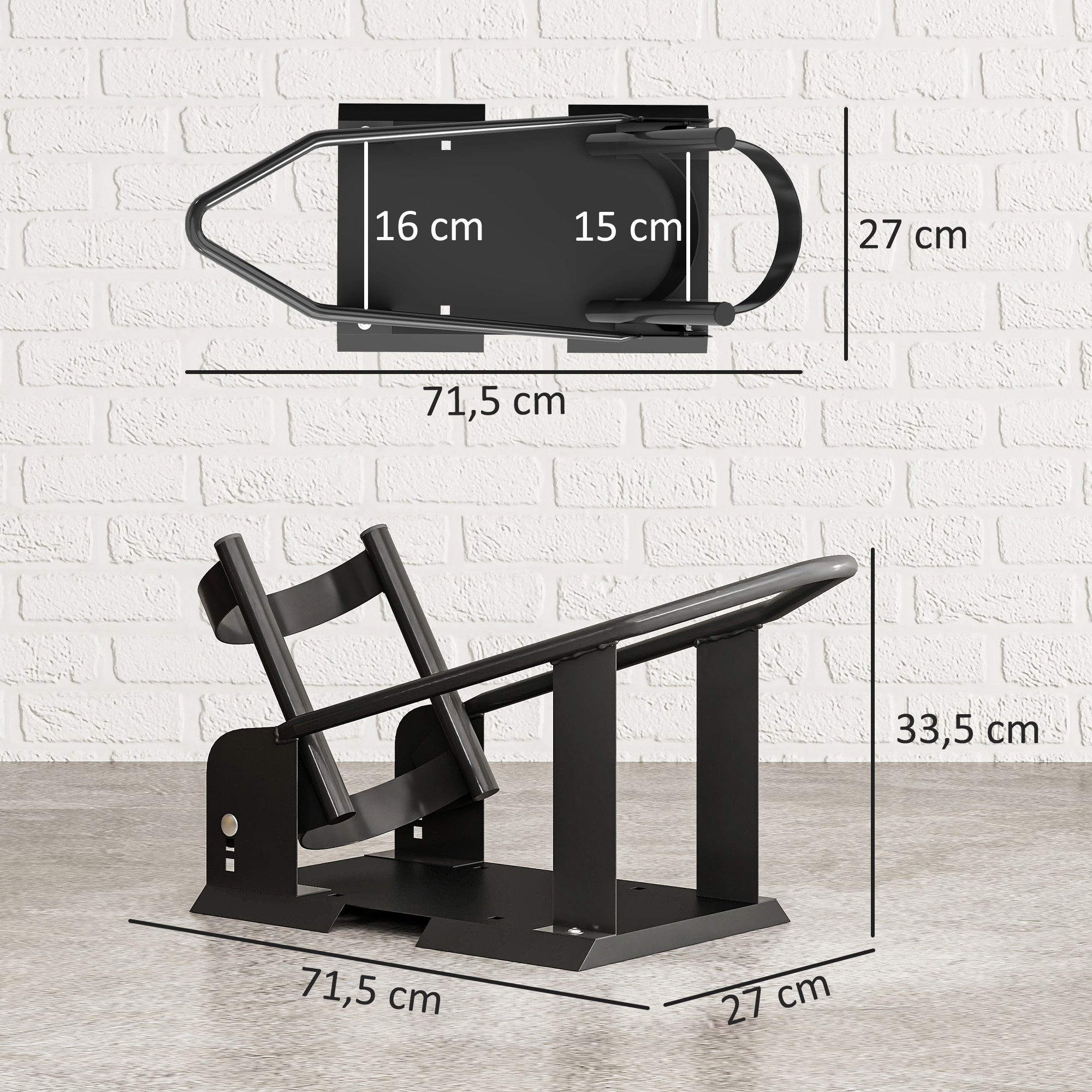 Soporte negro para bicicleta de 71,5x27x33,5 cm, para ruedas de 15/16 cm.