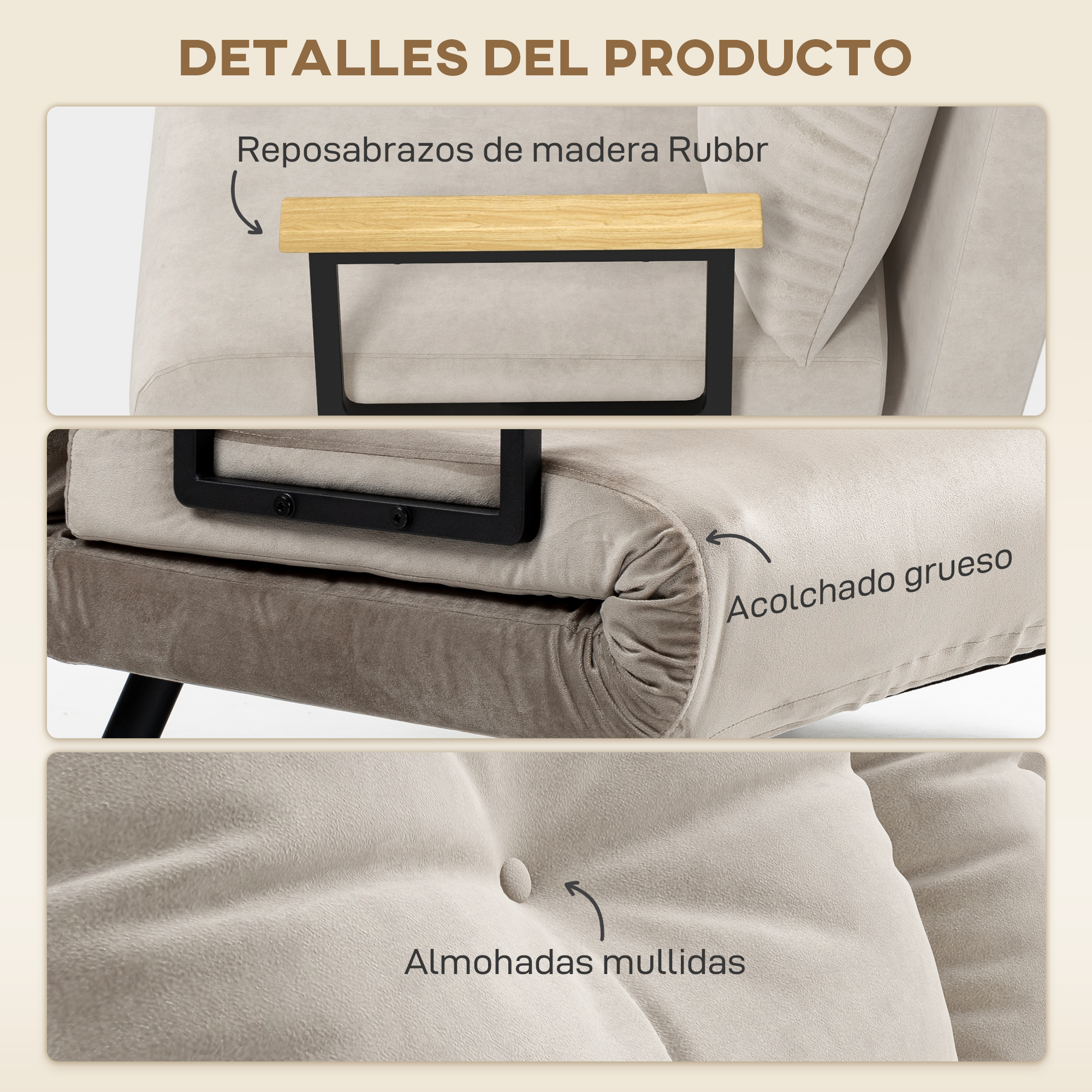 Detalles del producto: reposabrazos de madera, acolchado grueso y cojines mullidos.