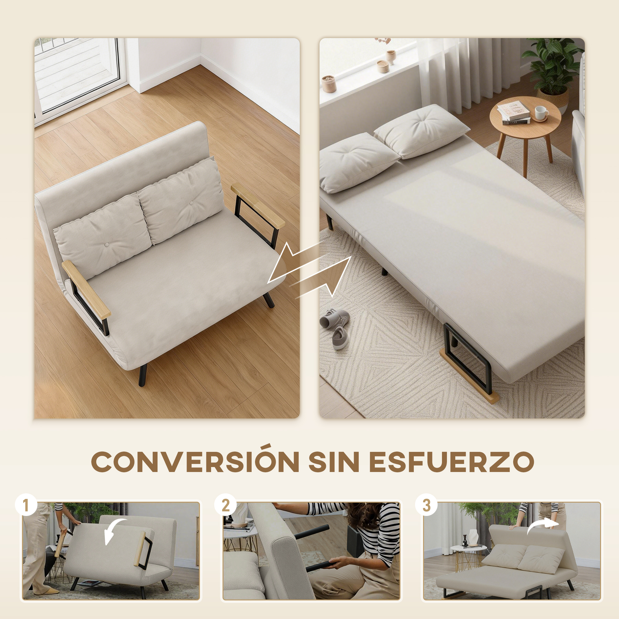 Un sofá cama beige se muestra convirtiéndose en cama. Los pasos 1-3 ilustran el proceso.