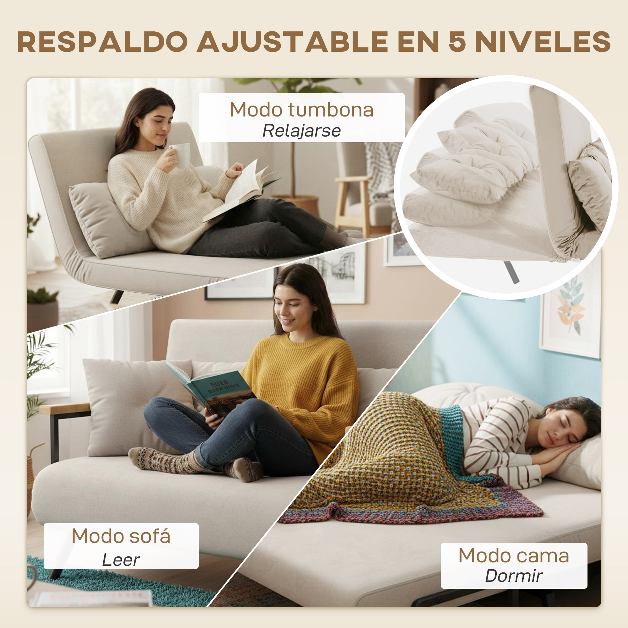 Collage de tres modos: tumbona, sofá y cama. Mujeres relajándose.