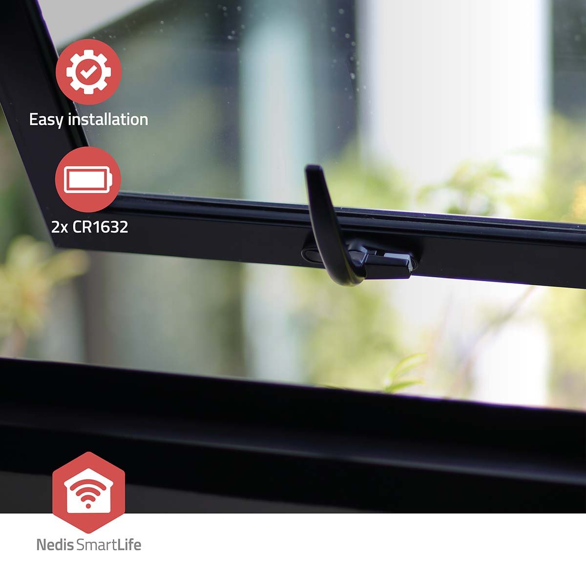 Schwarzer Fenstersensor mit Symbolen für einfache Installation und Batterie.