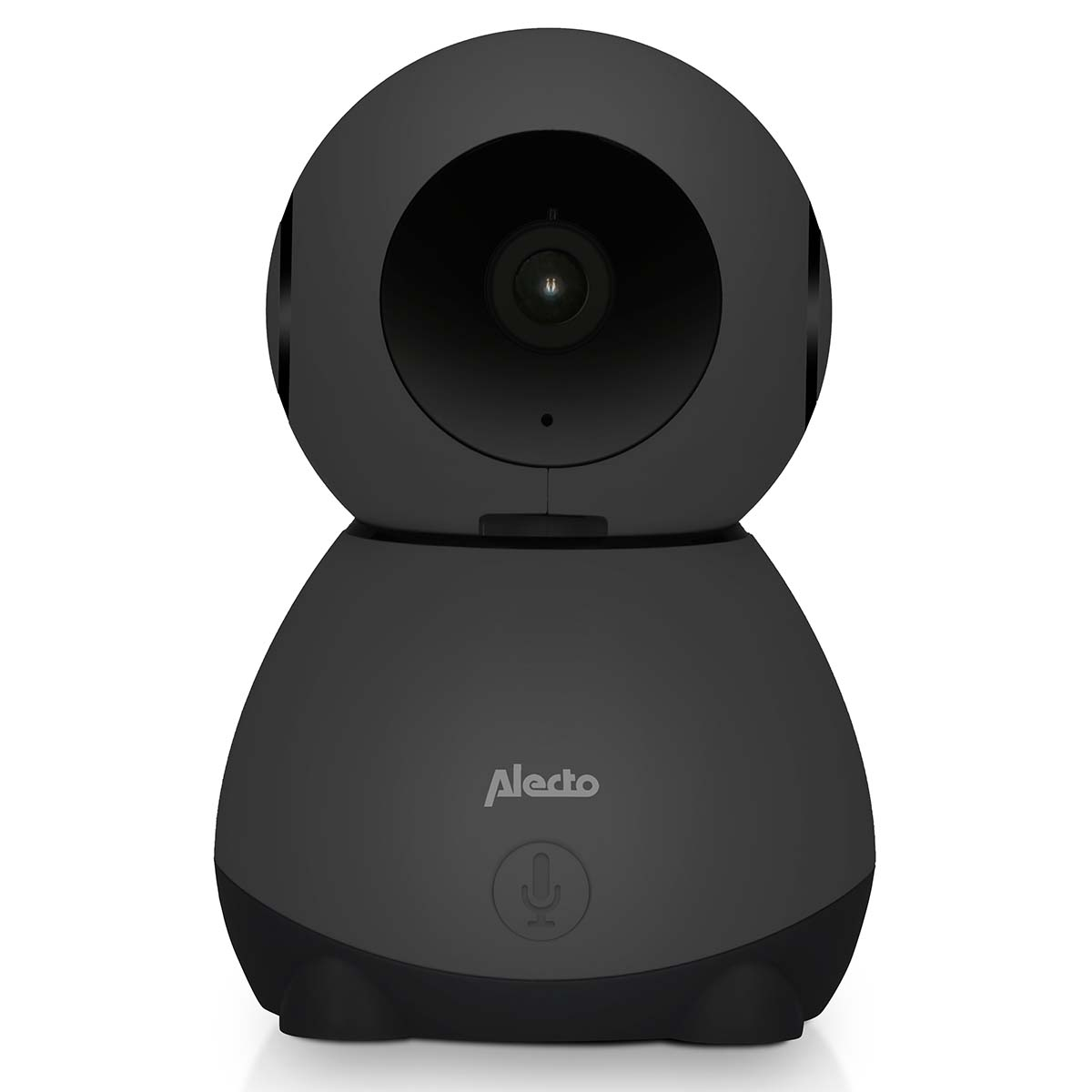 Une caméra de babyphone noire avec une tête ronde et un corps bulbeux.