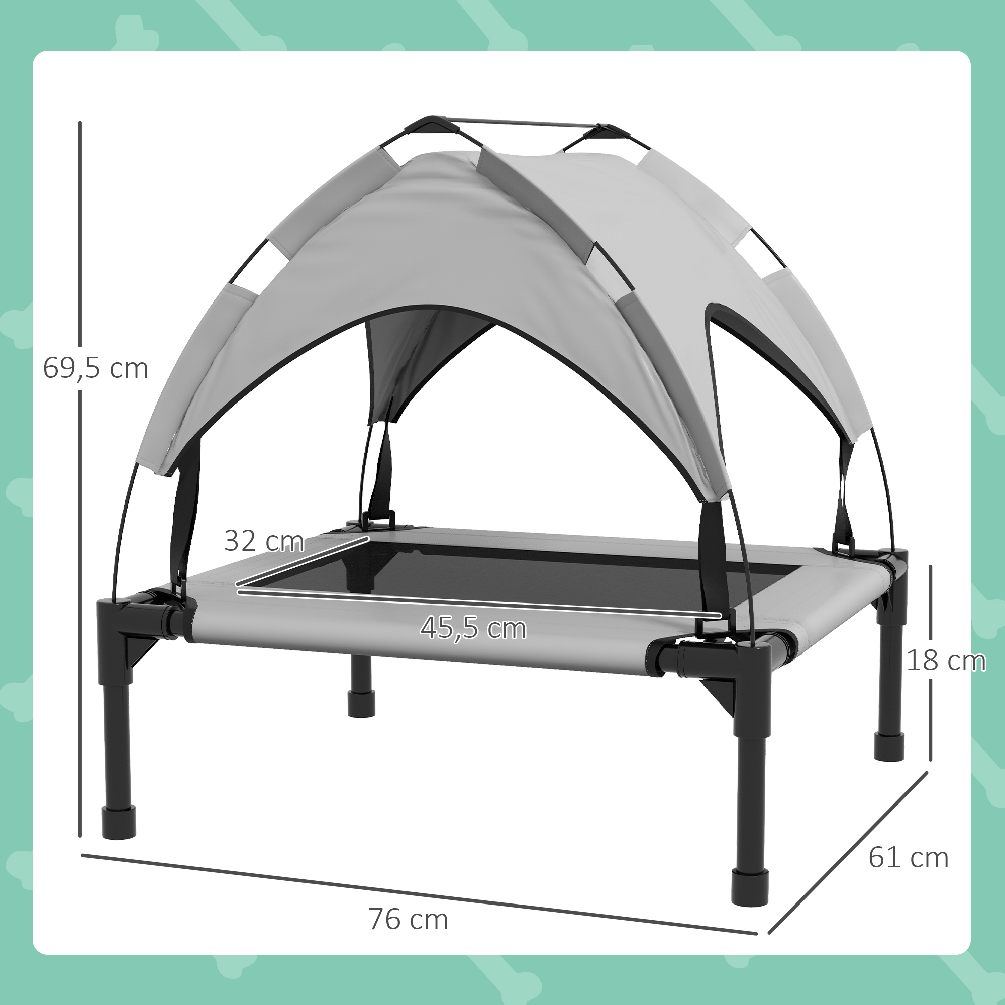 Cama gris para mascotas con dosel y dimensiones.