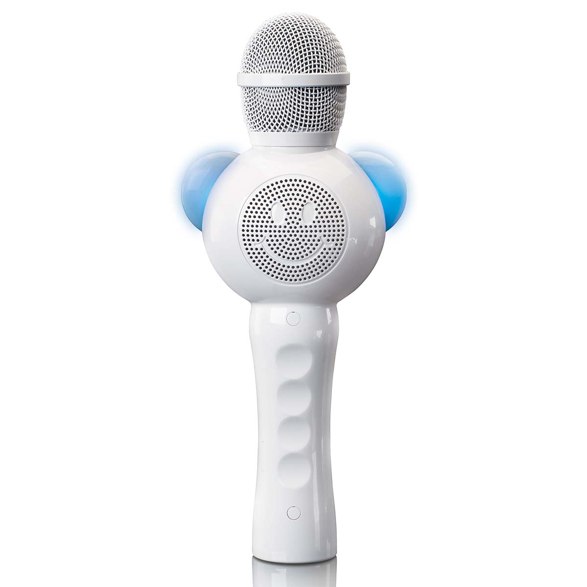 Een witte microfoon met smiley-luidspreker en blauwe lichten.