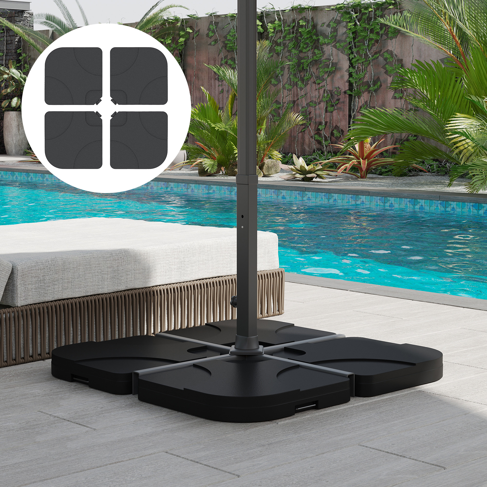 Una base de sombrilla con cuatro pesas negras junto a una piscina.