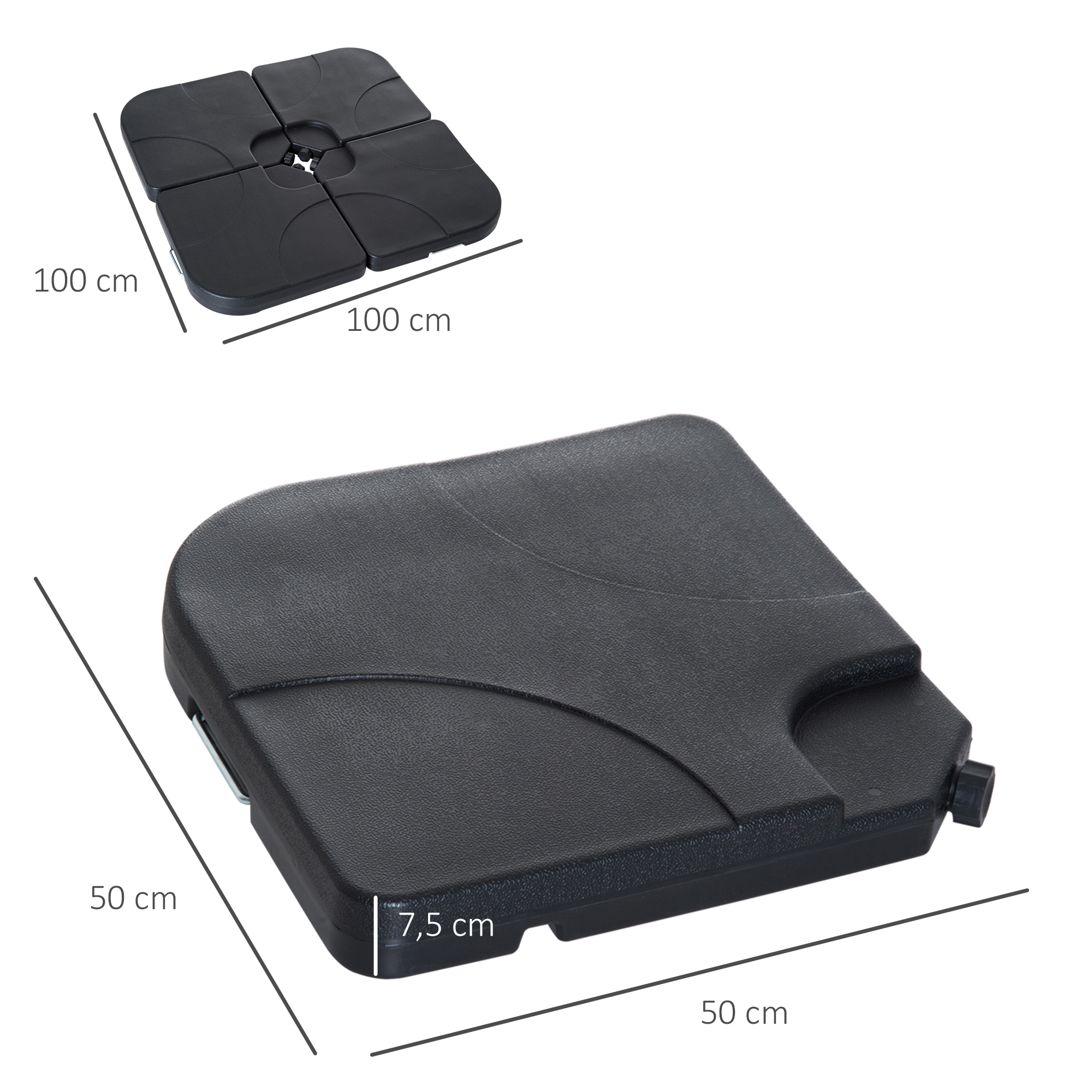 Base negra para sombrilla de 100x100 cm y una placa individual de 50x50x7,5 cm.