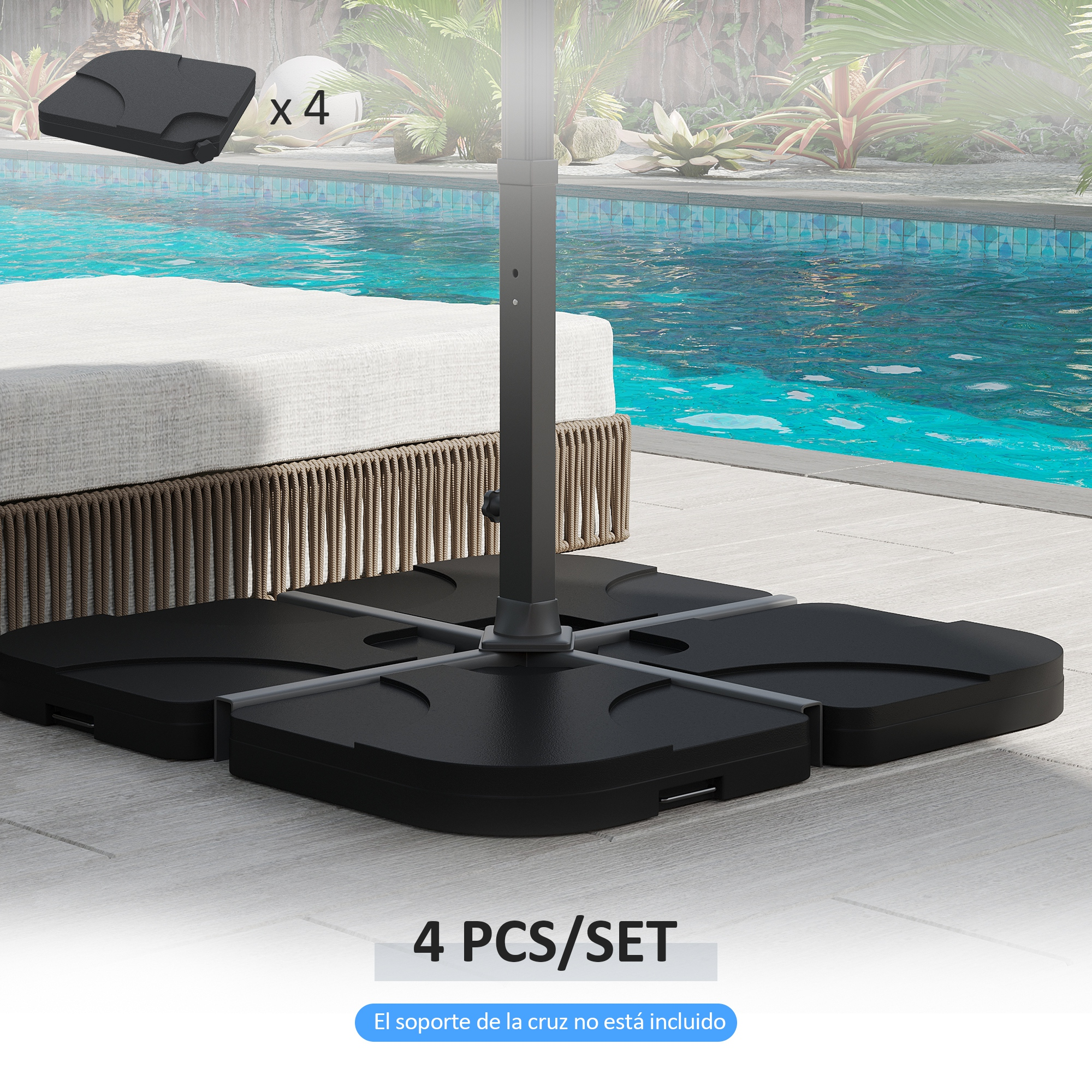 Cuatro bases de sombrilla negras y cuadradas junto a una piscina. Juego de 4.