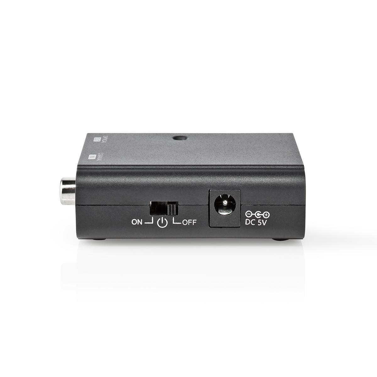 Schwarzer Audiokonverter mit EIN/AUS-Schalter, Eingangsanschlüssen und 5V DC.