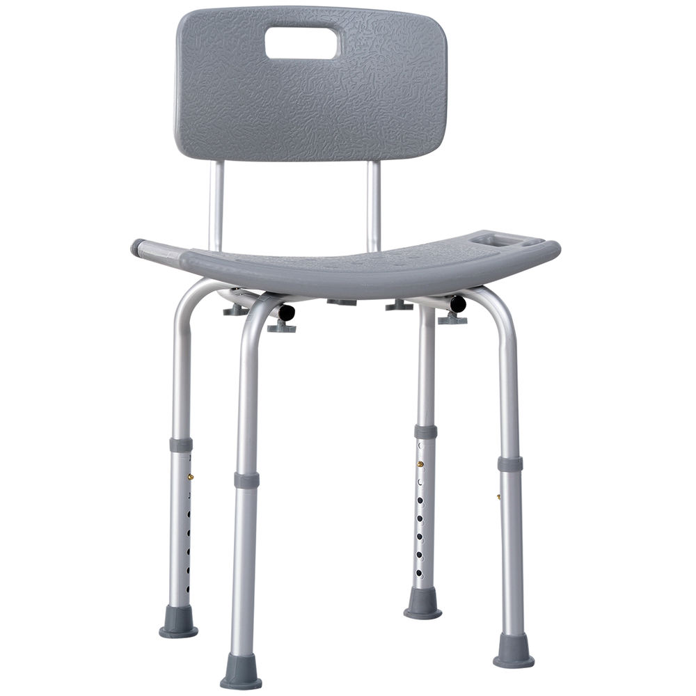 Silla de ducha gris con respaldo y patas ajustables.