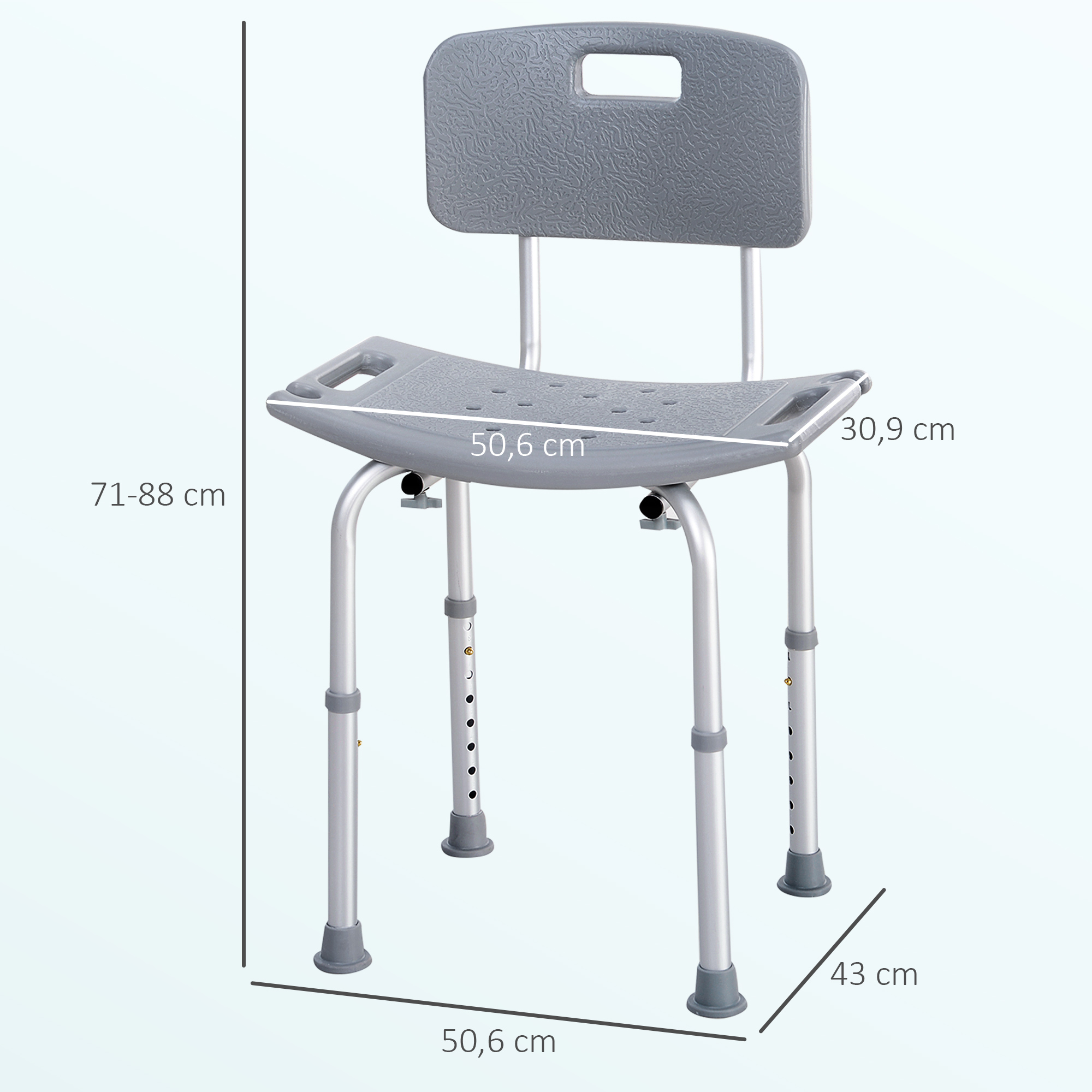 Una silla de ducha gris con patas ajustables y respaldo.