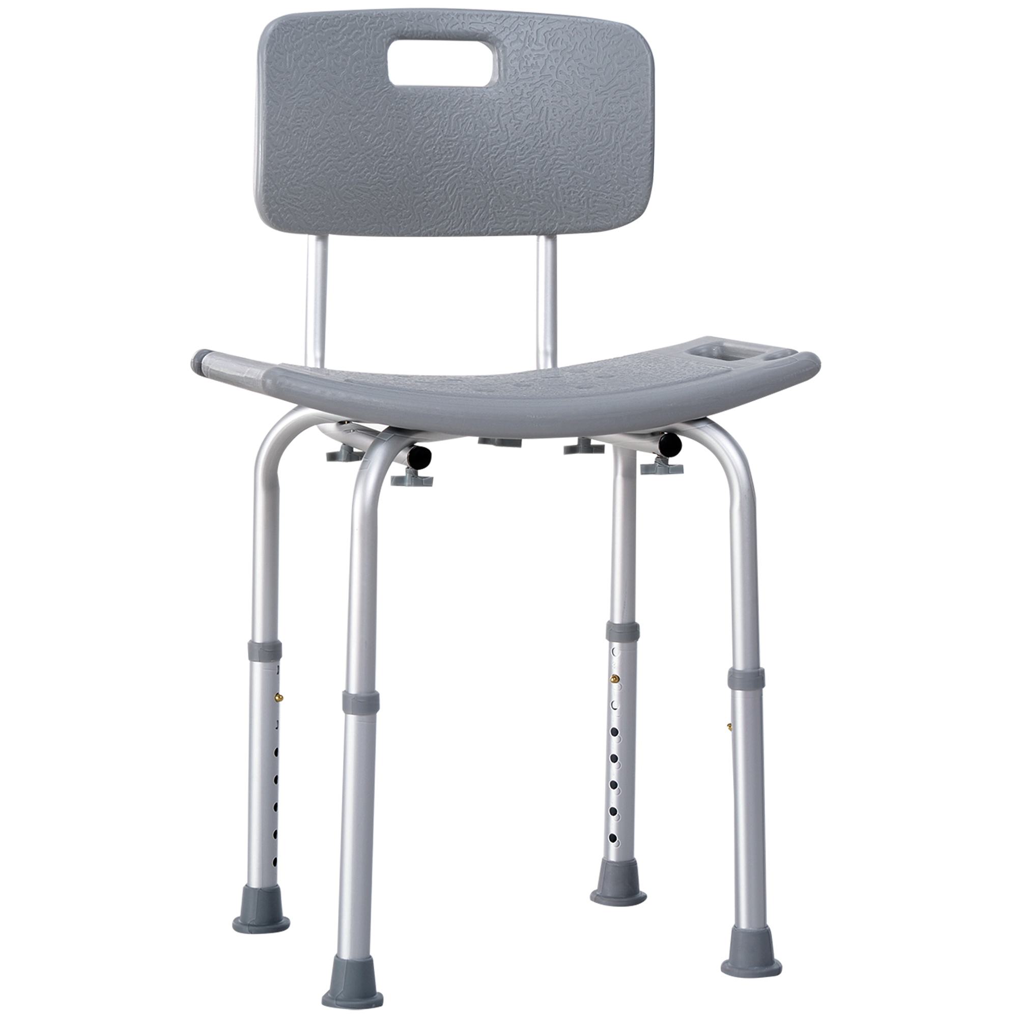 Silla de ducha gris con respaldo y patas ajustables.