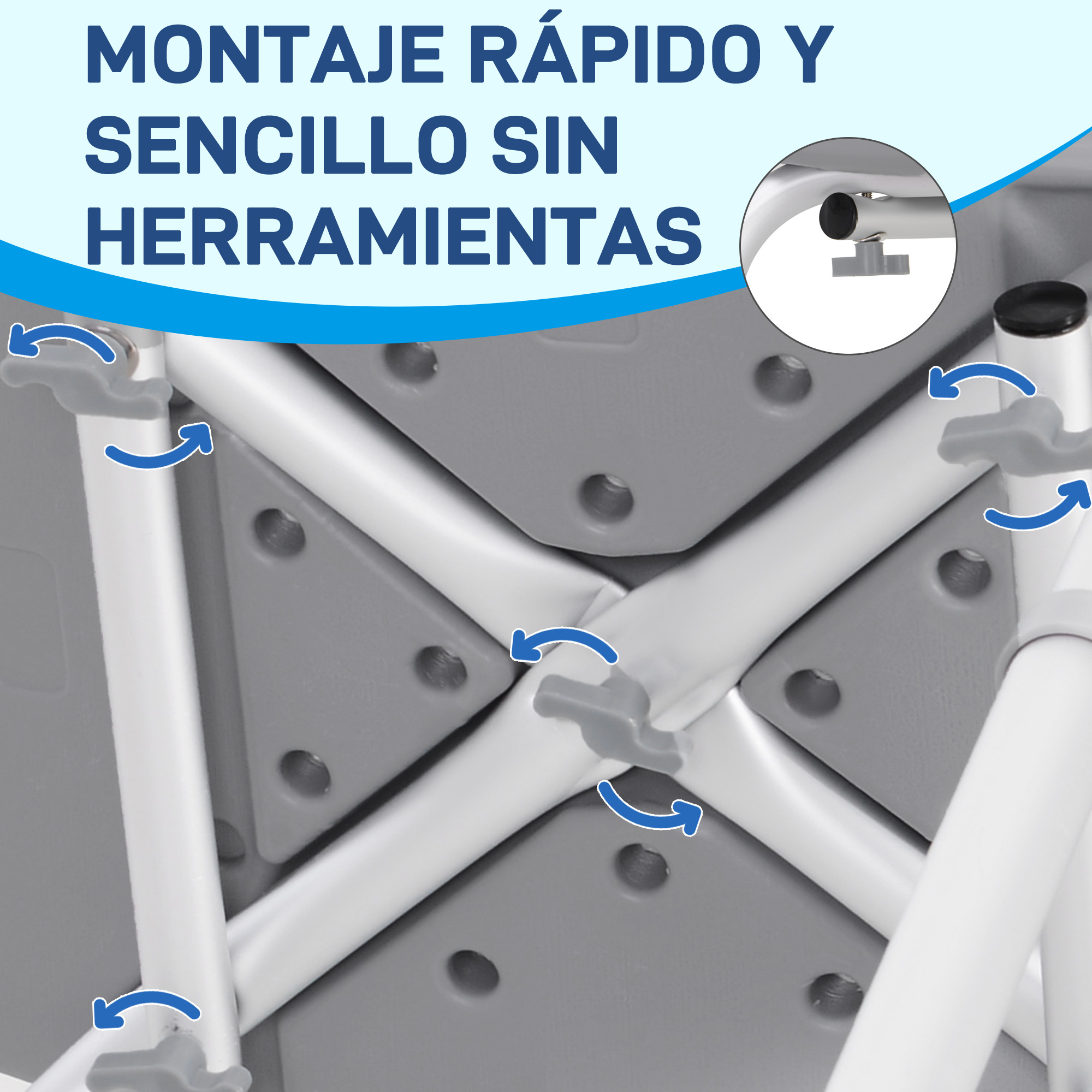 Primer plano de cierres giratorios grises y tubos blancos en un montaje.