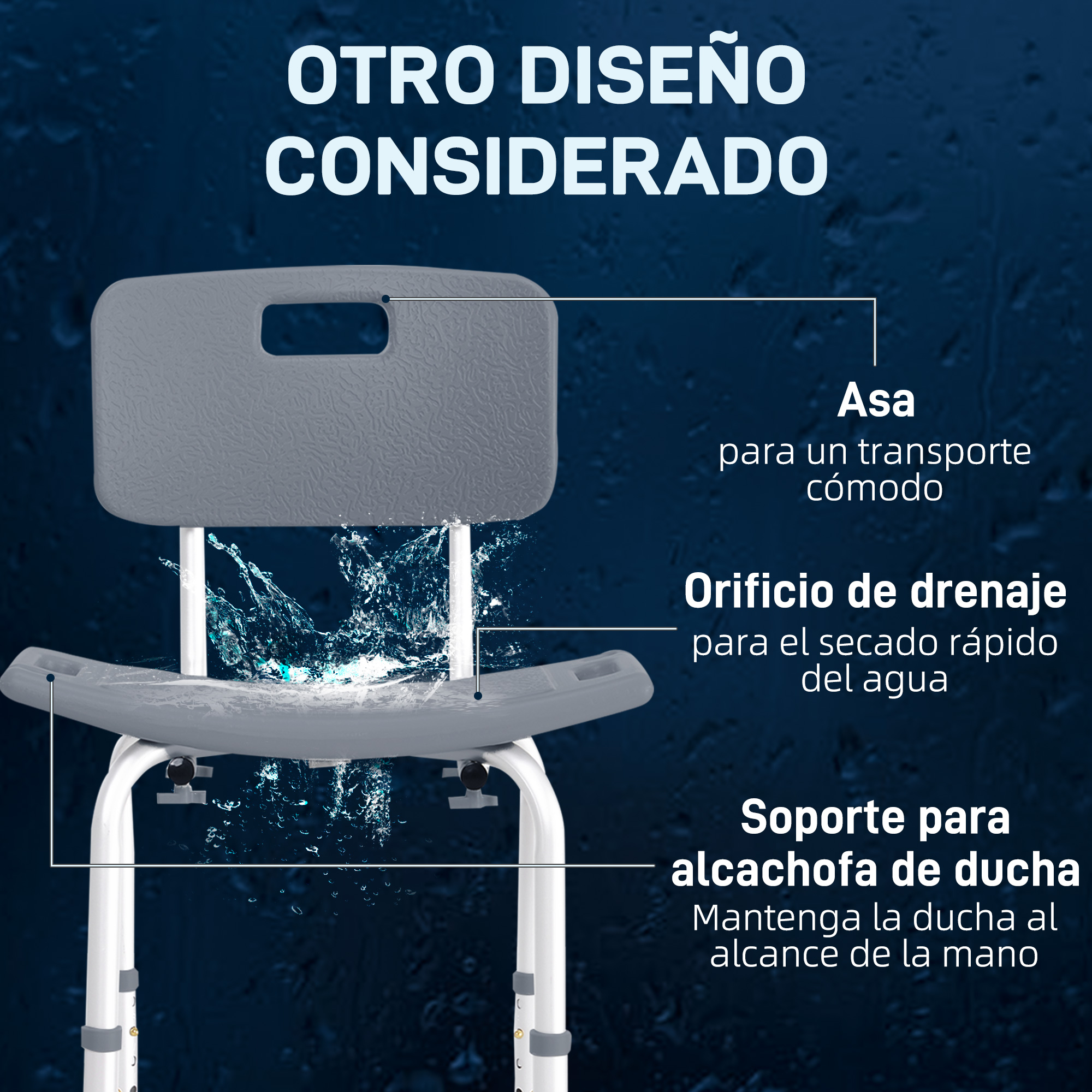 Silla de ducha gris con asa, orificio de drenaje y soporte para alcachofa.