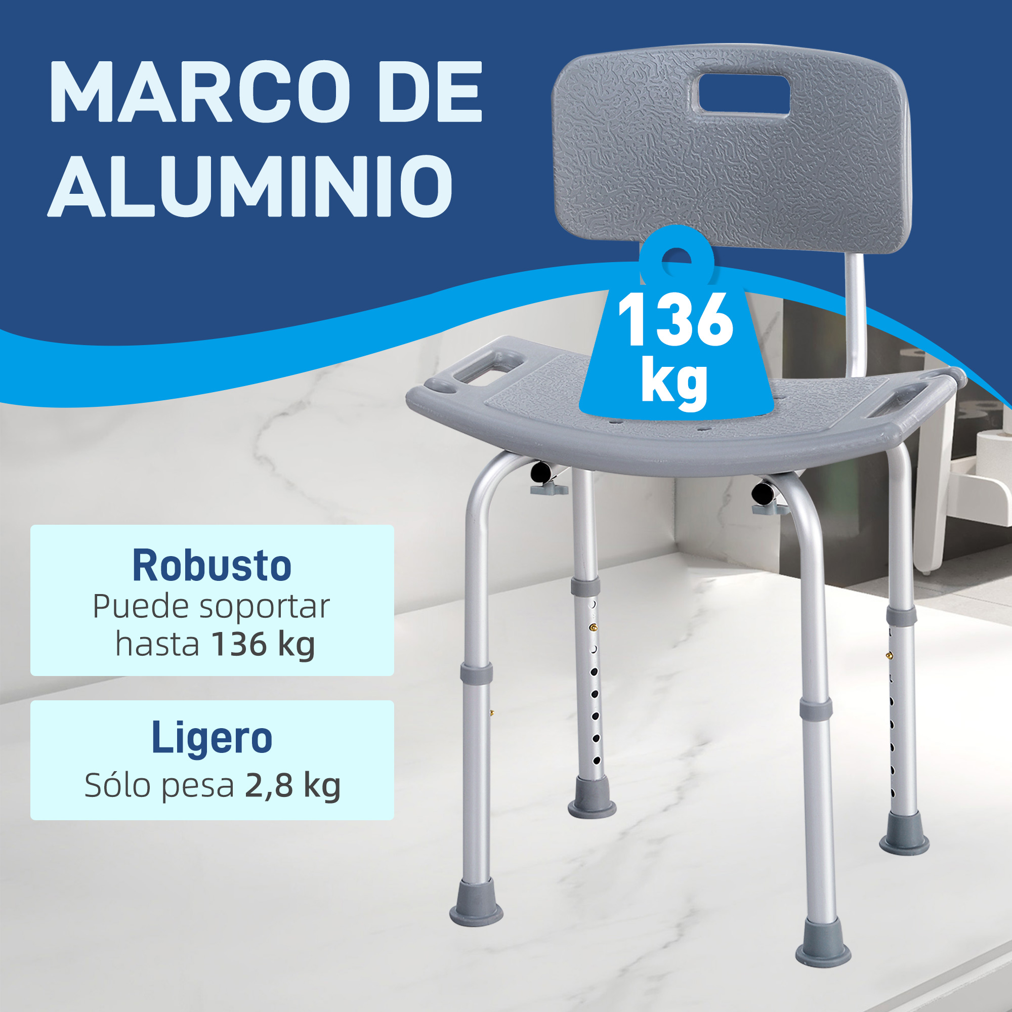 Una silla de ducha ligera de aluminio con capacidad de 136 kg.