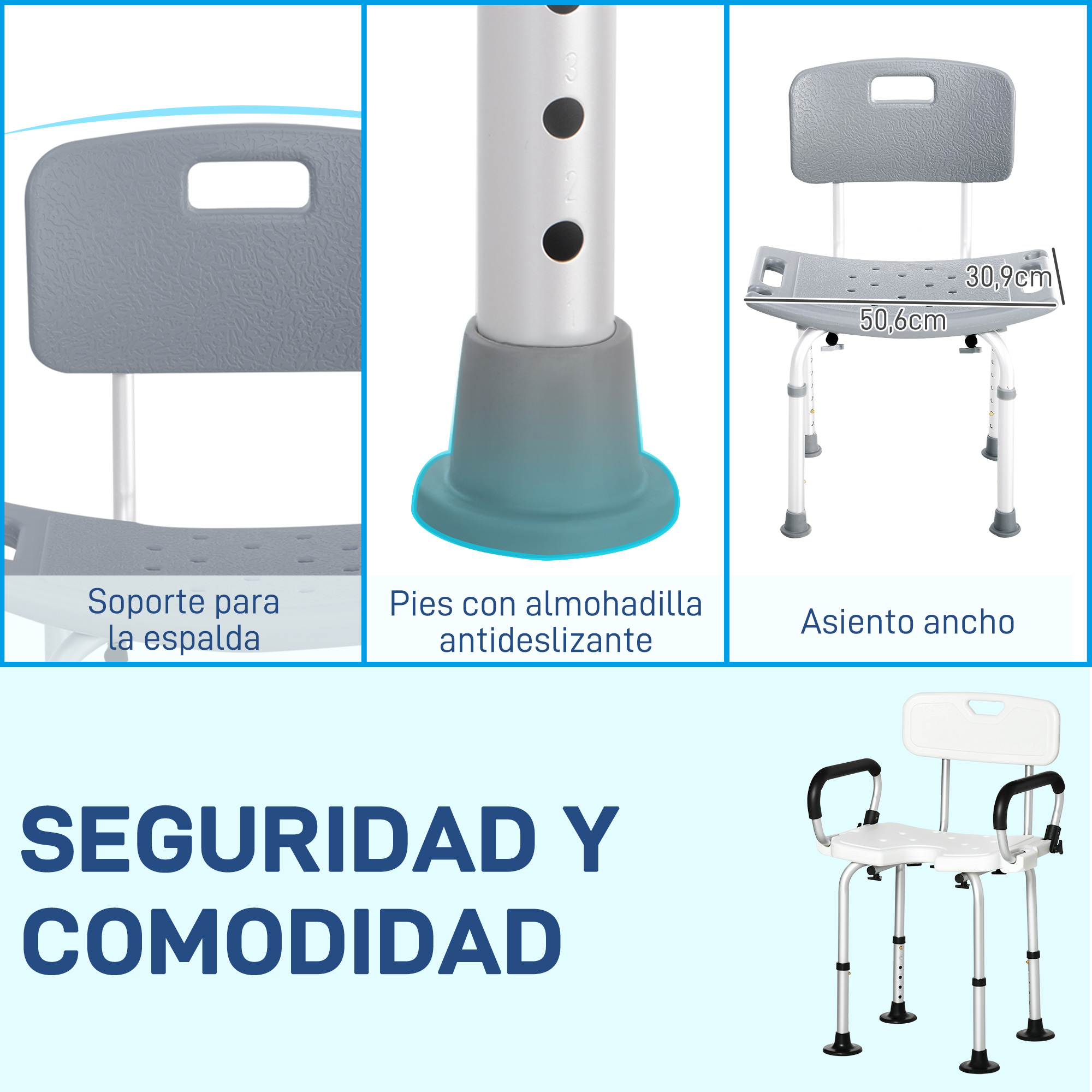 Silla de ducha con respaldo, patas ajustables y asiento ancho.