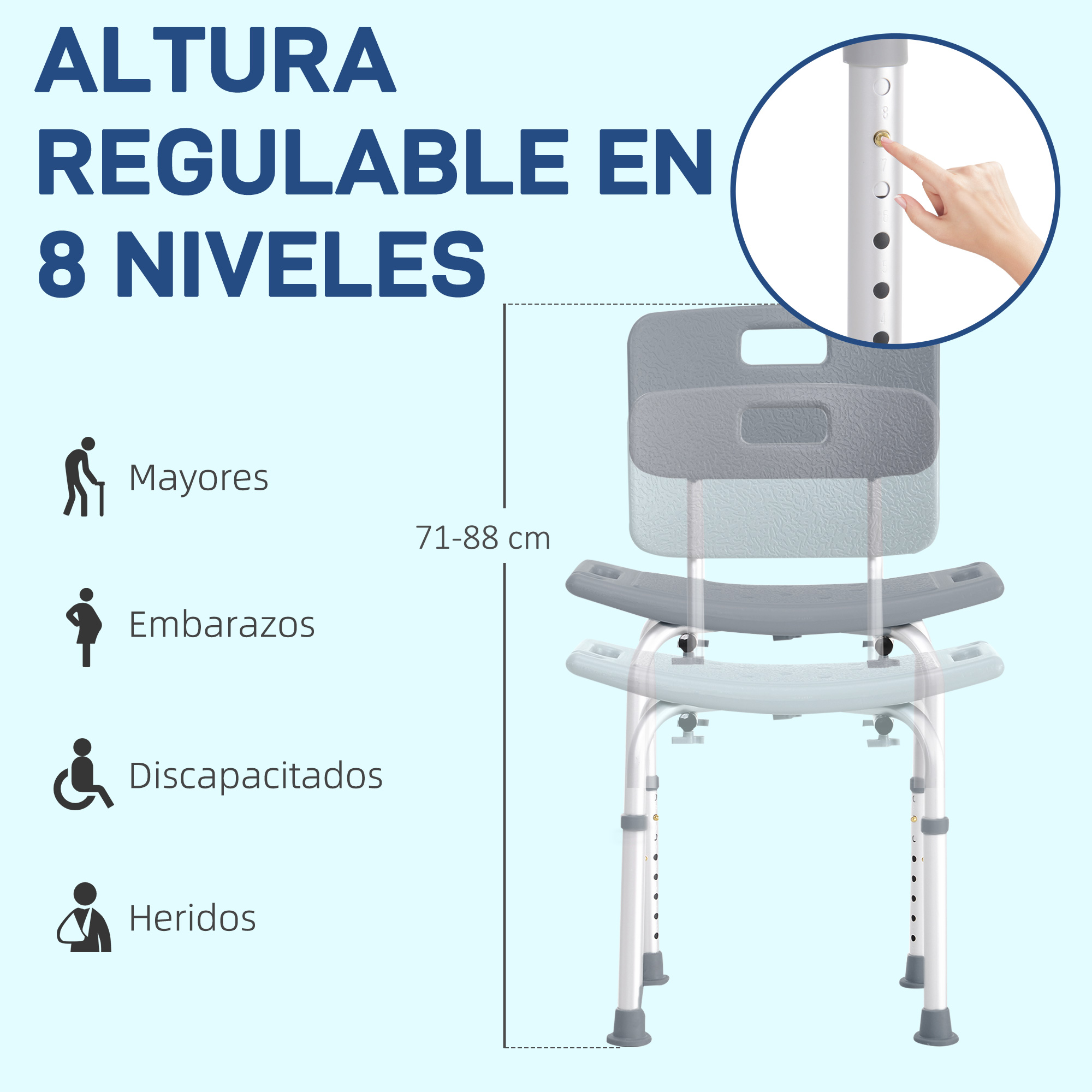 Silla de ducha regulable (71-88 cm) con respaldo y 8 niveles.