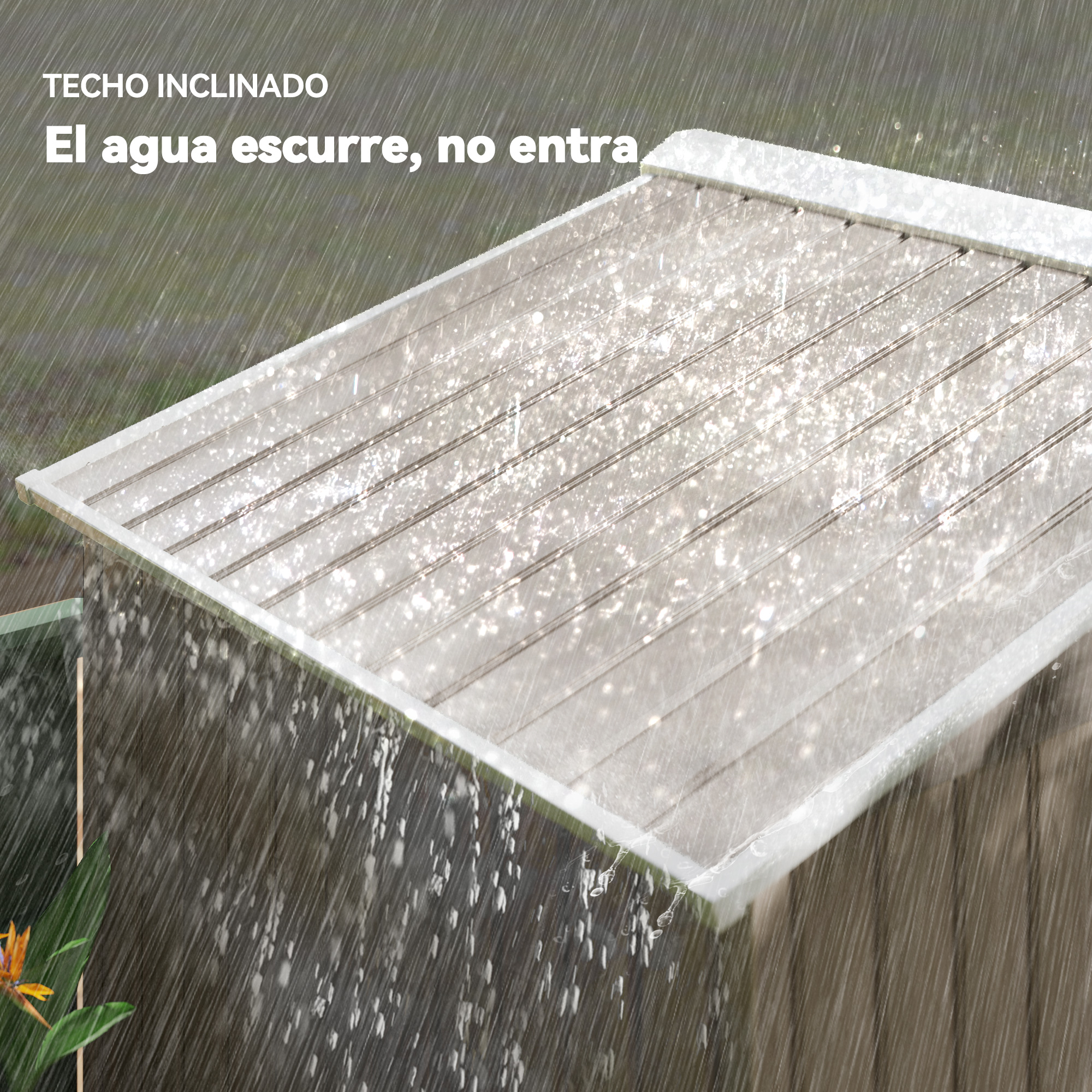 Techo inclinado con agua escurriendo, no entrando. Gotas cayendo.