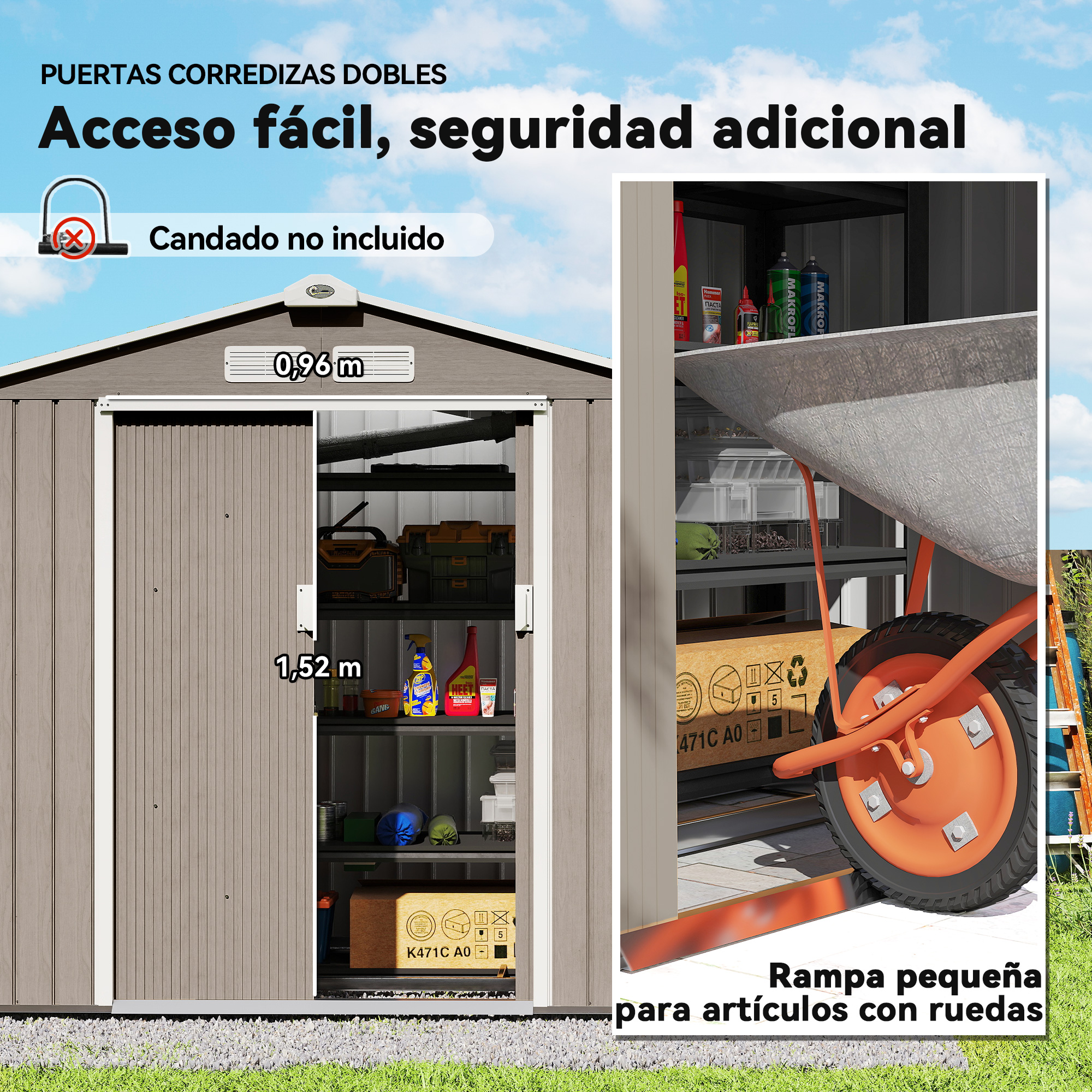 Cobertizo con puertas correderas dobles, 0,96m ancho, 1,52m alto.