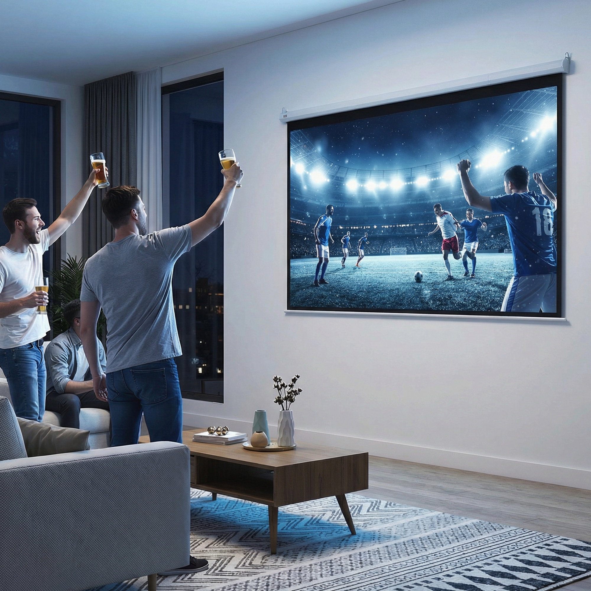 Hombres beben cerveza viendo un partido de fútbol en pantalla grande.