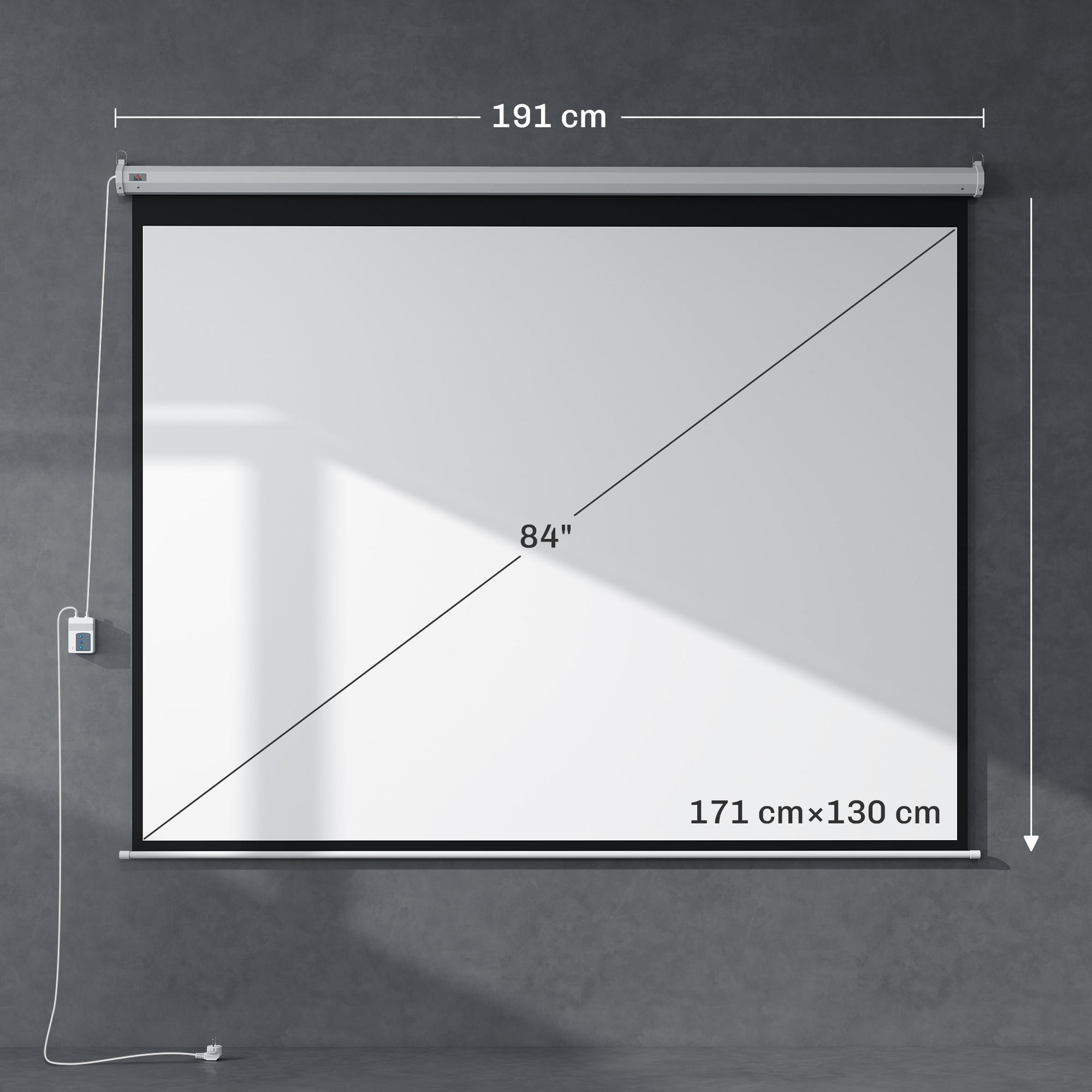 Una pantalla de proyector blanca con borde negro cuelga de una pared. Se muestran las dimensiones.