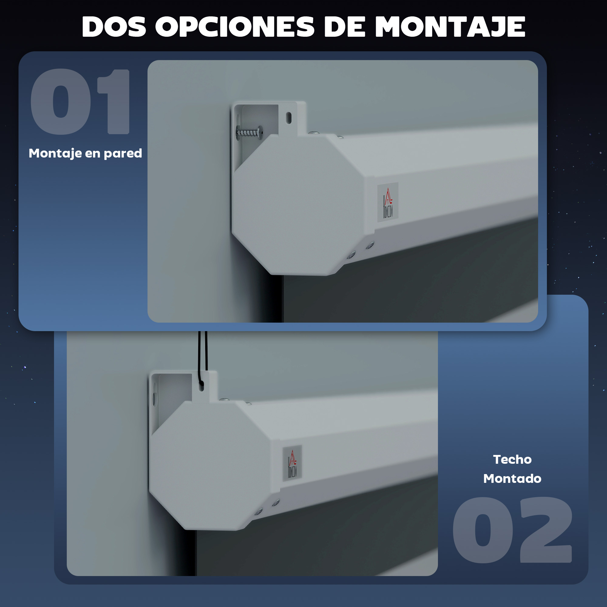 Dos opciones de montaje: montaje en pared (01) y techo (02).