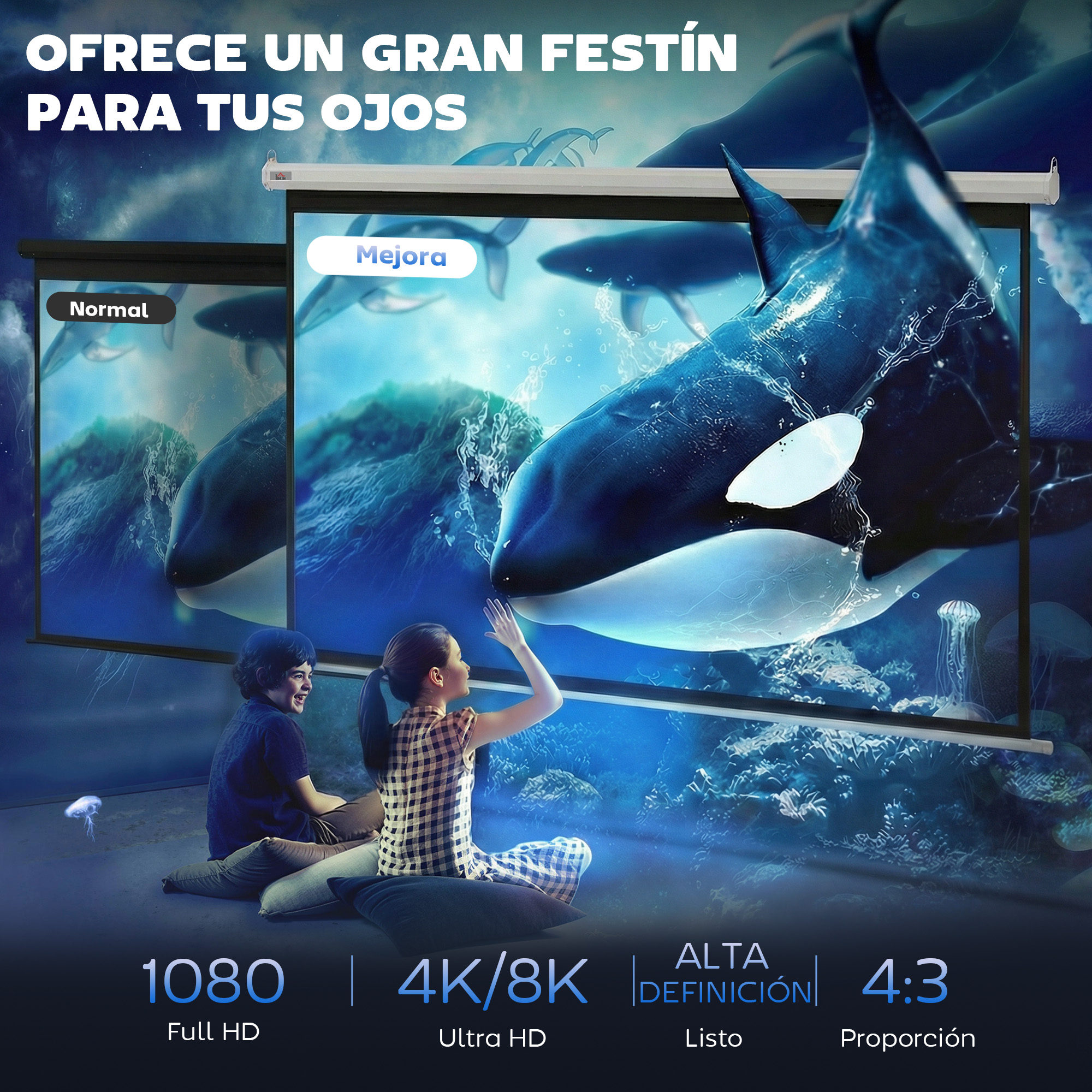 Dos niños miran un proyector que muestra ballenas.