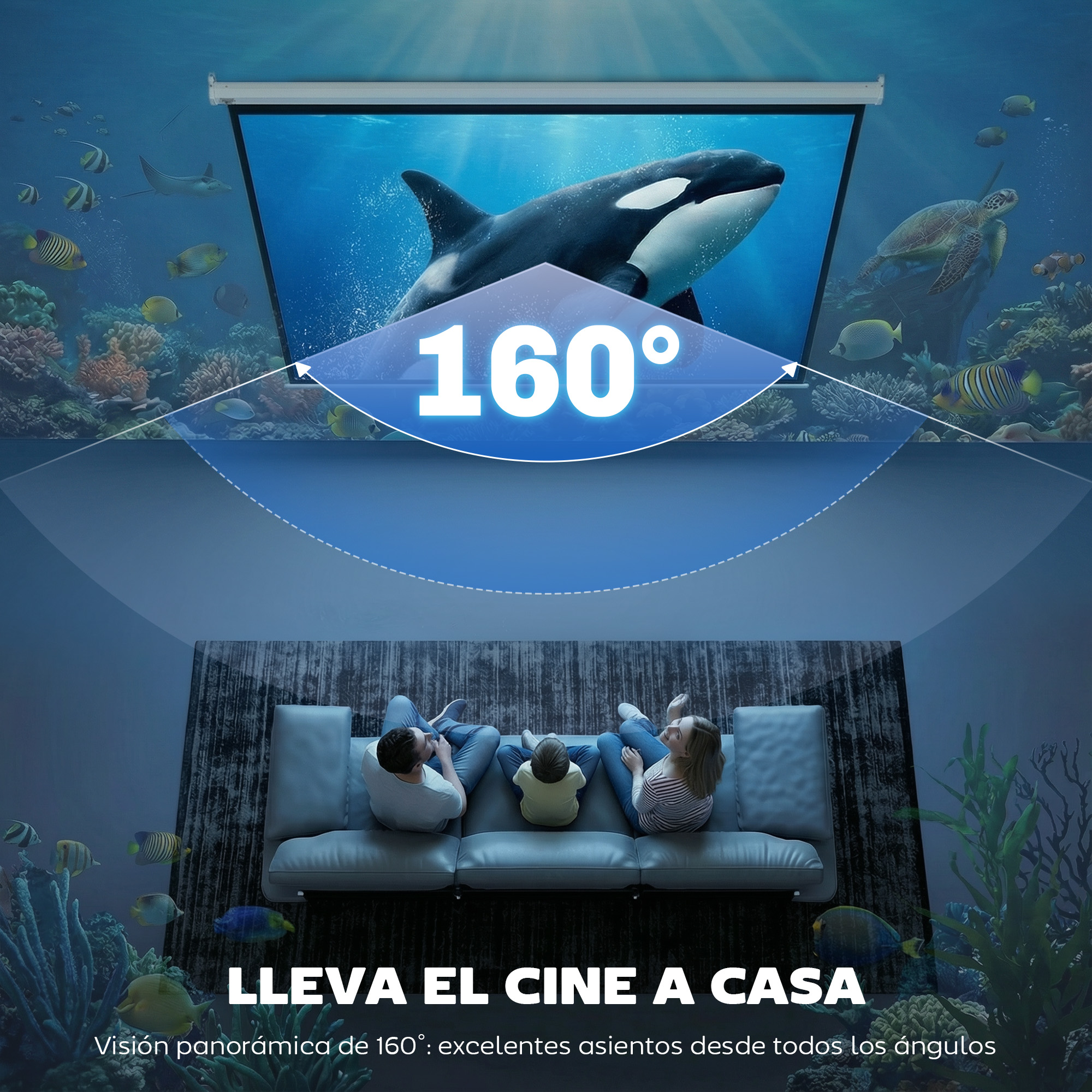 Familia ve una pantalla de 160° con escena submarina.