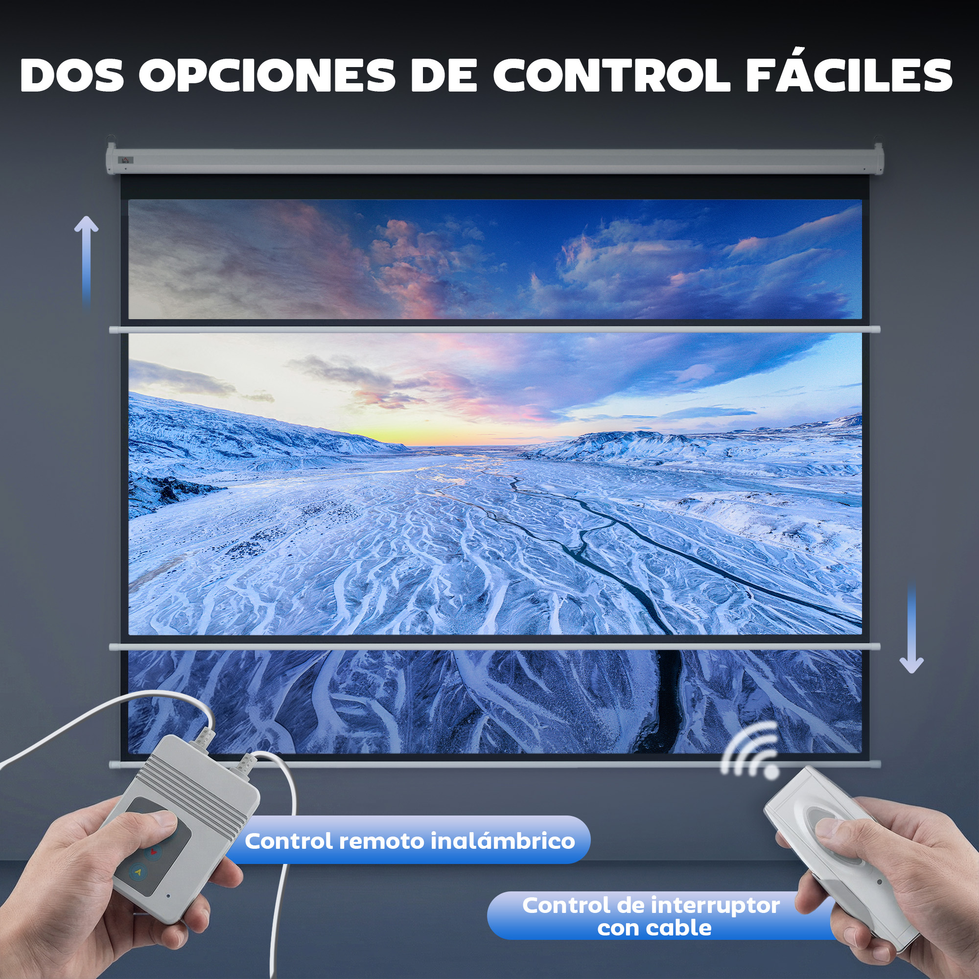 Pantalla de proyector con dos controles: cableado e inalámbrico. Muestra paisajes.