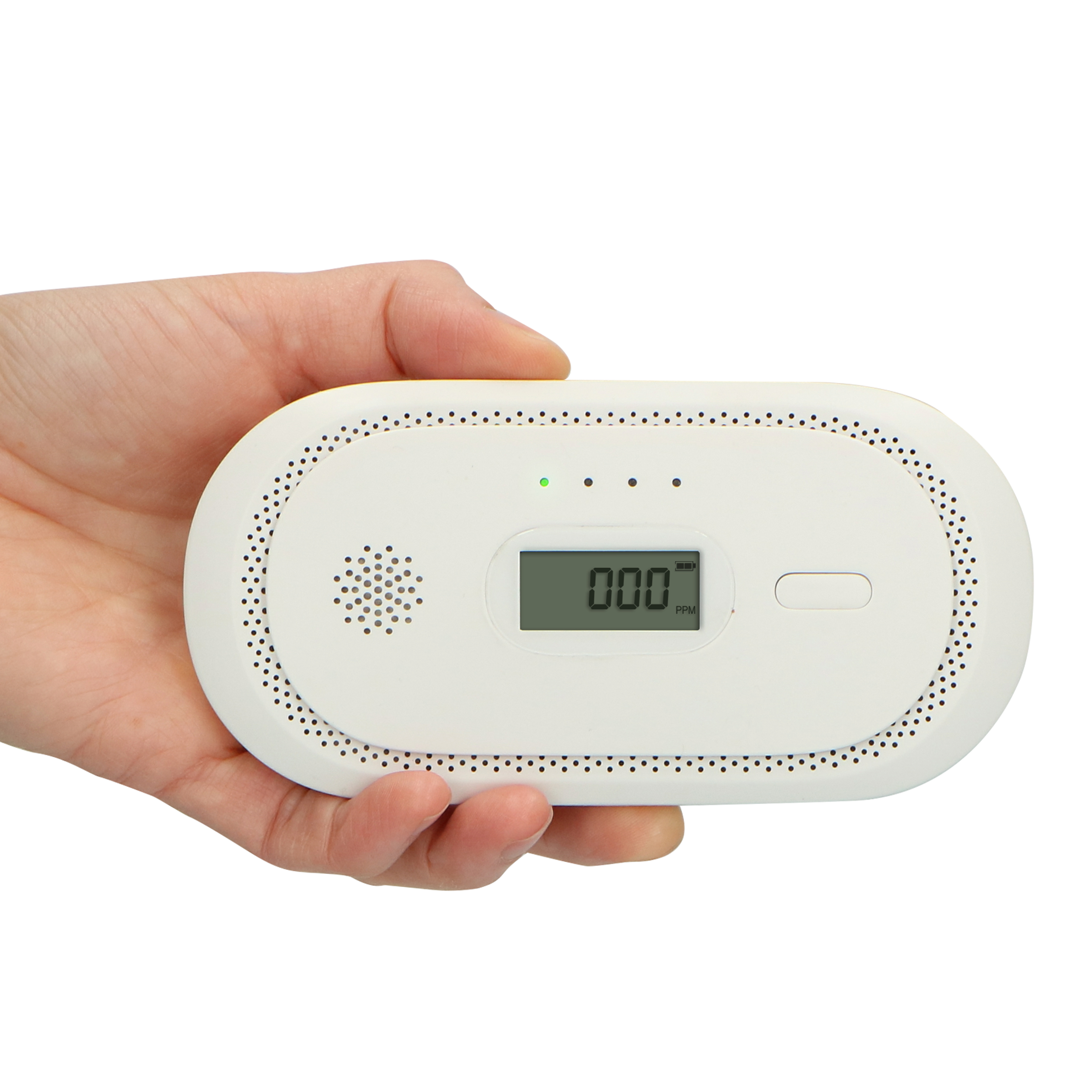Eine Hand hält ein weißes Messgerät mit einem digitalen Bildschirm, auf dem 000 PPM angezeigt wird.