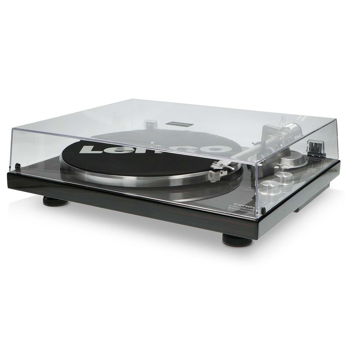 Talerzowy gramofon z czarną płytą, ramieniem i przezroczystą pokrywą.