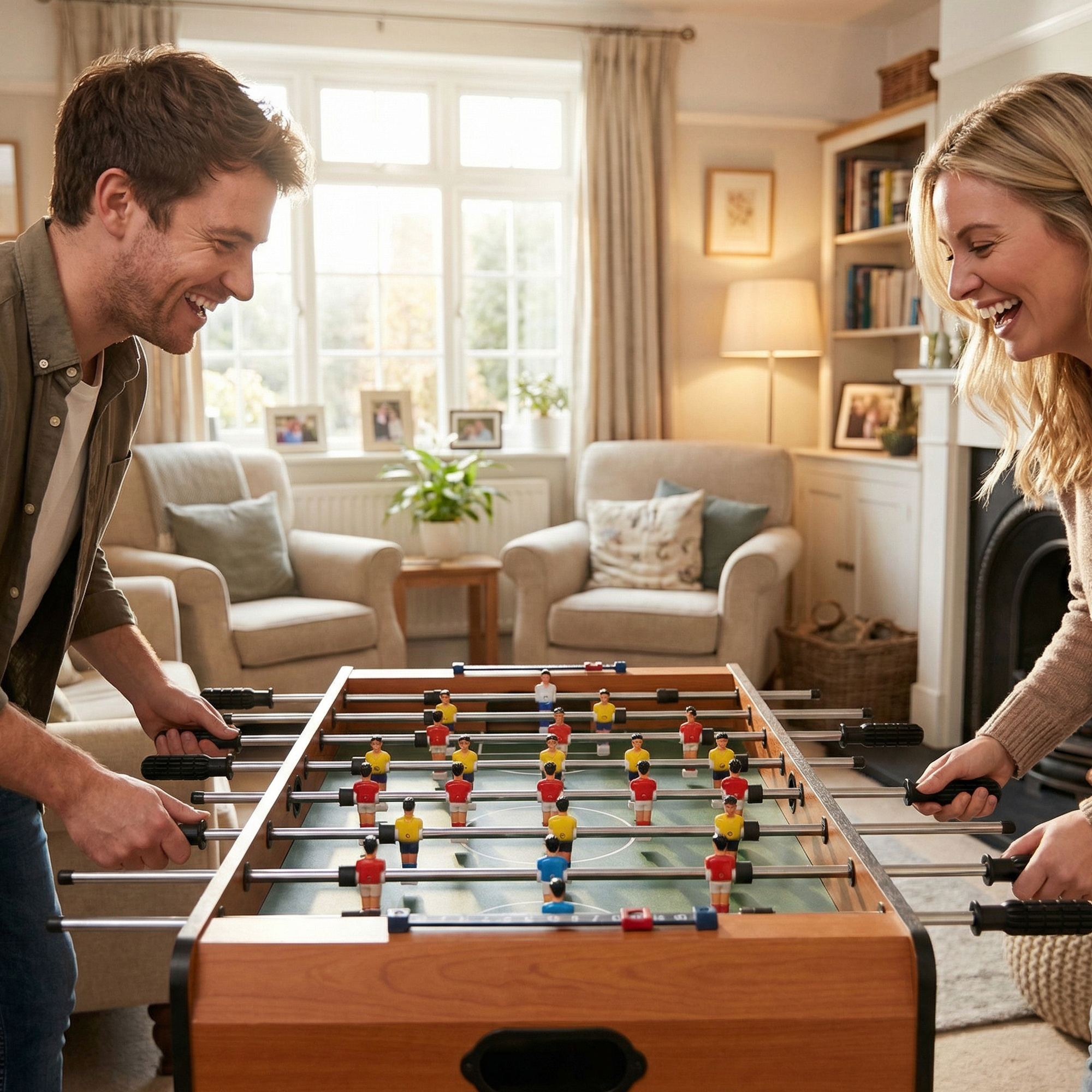 Una pareja se ríe jugando al futbolín, con jugadores rojos y amarillos.