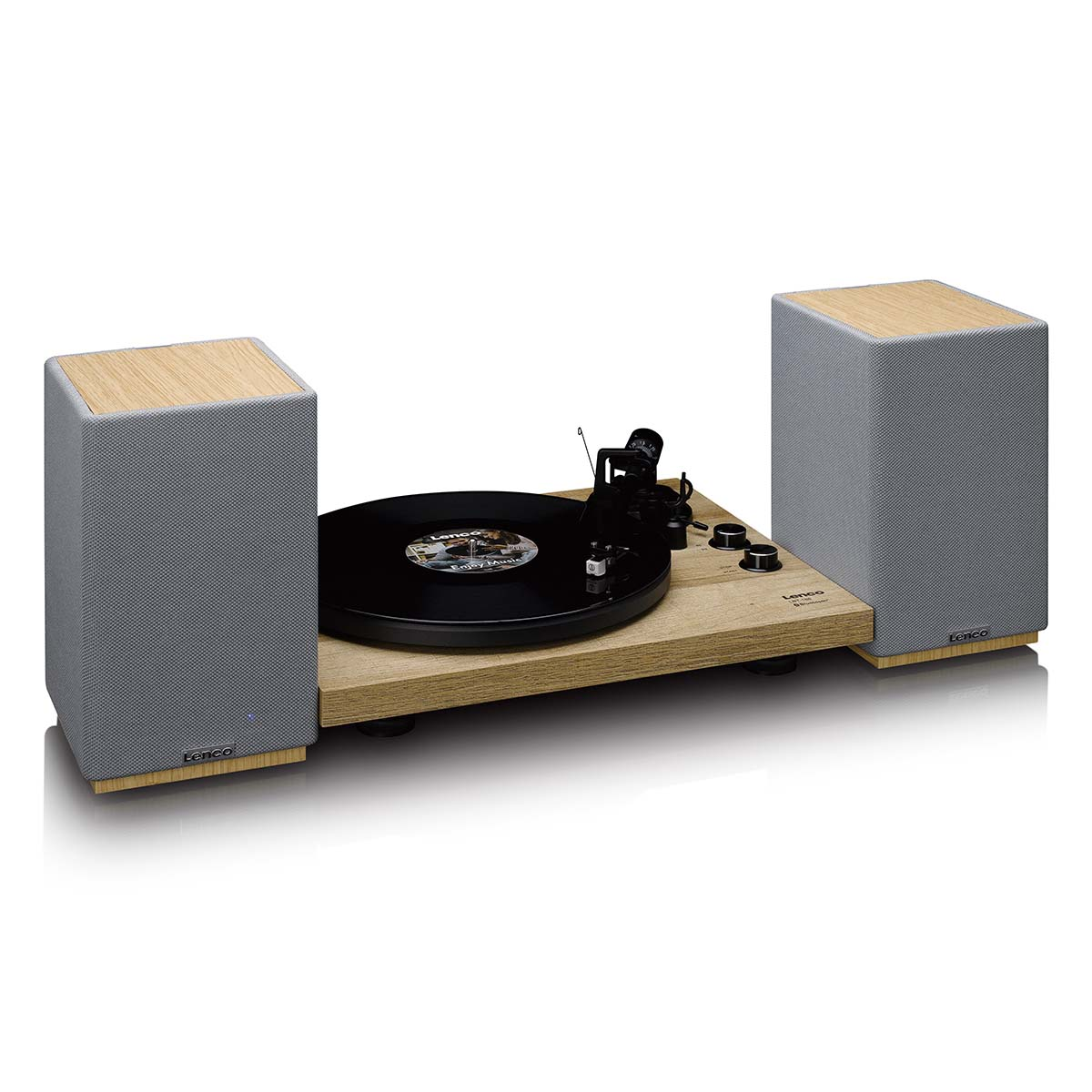 Gramofon z dwoma szarymi głośnikami i drewnianymi akcentami na białym tle.