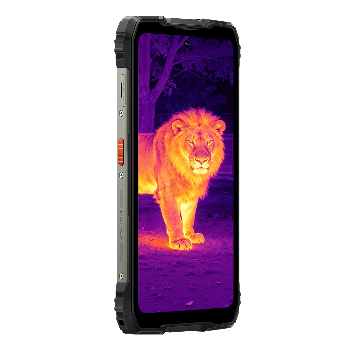Wytrzymały telefon pokazuje lwa w podczerwieni, z fioletowym tłem i drzewem.