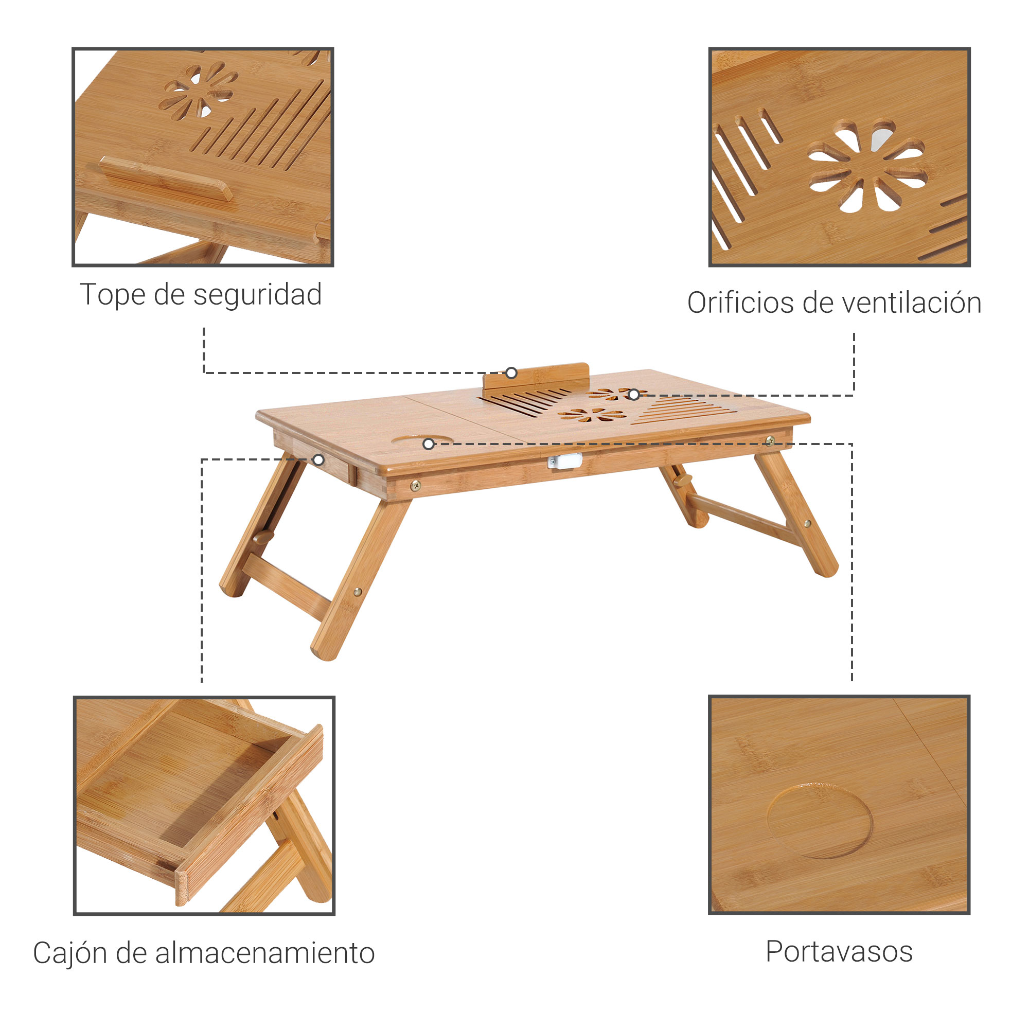 Una mesa de madera para portátil con patas plegables, ranuras de ventilación y cajón.