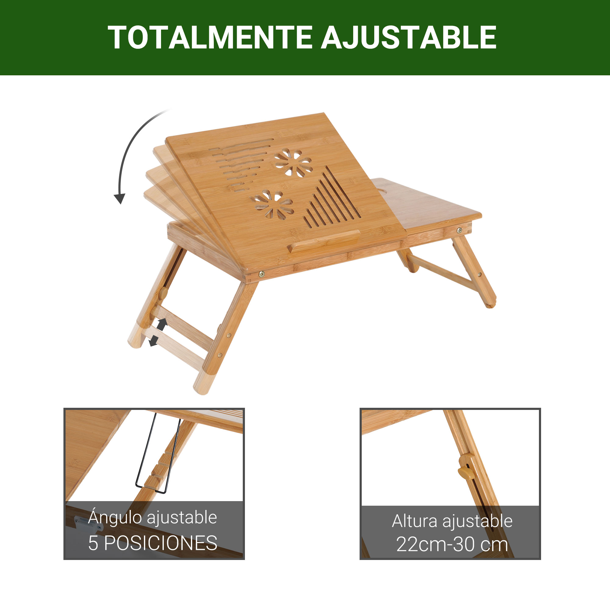 Un soporte de madera para portátil con ángulo y altura ajustables.