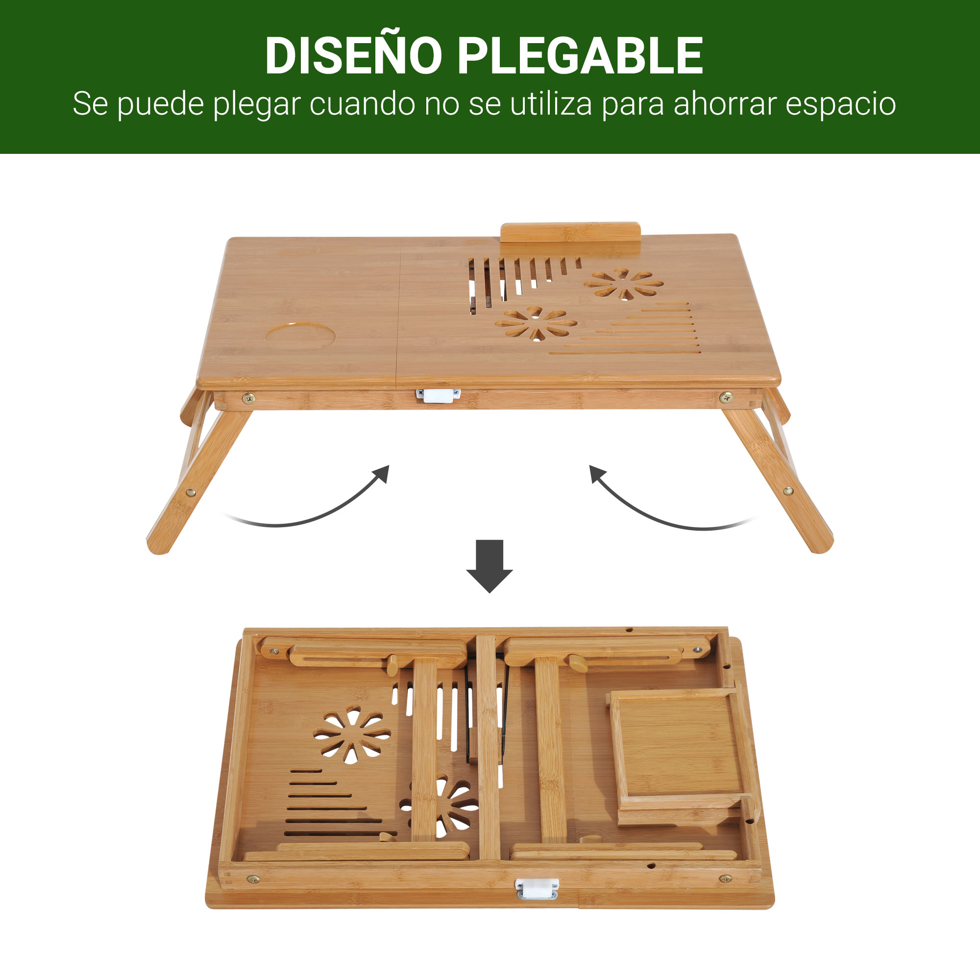 Una mesa de madera para portátil, mostrada desplegada y plegada.