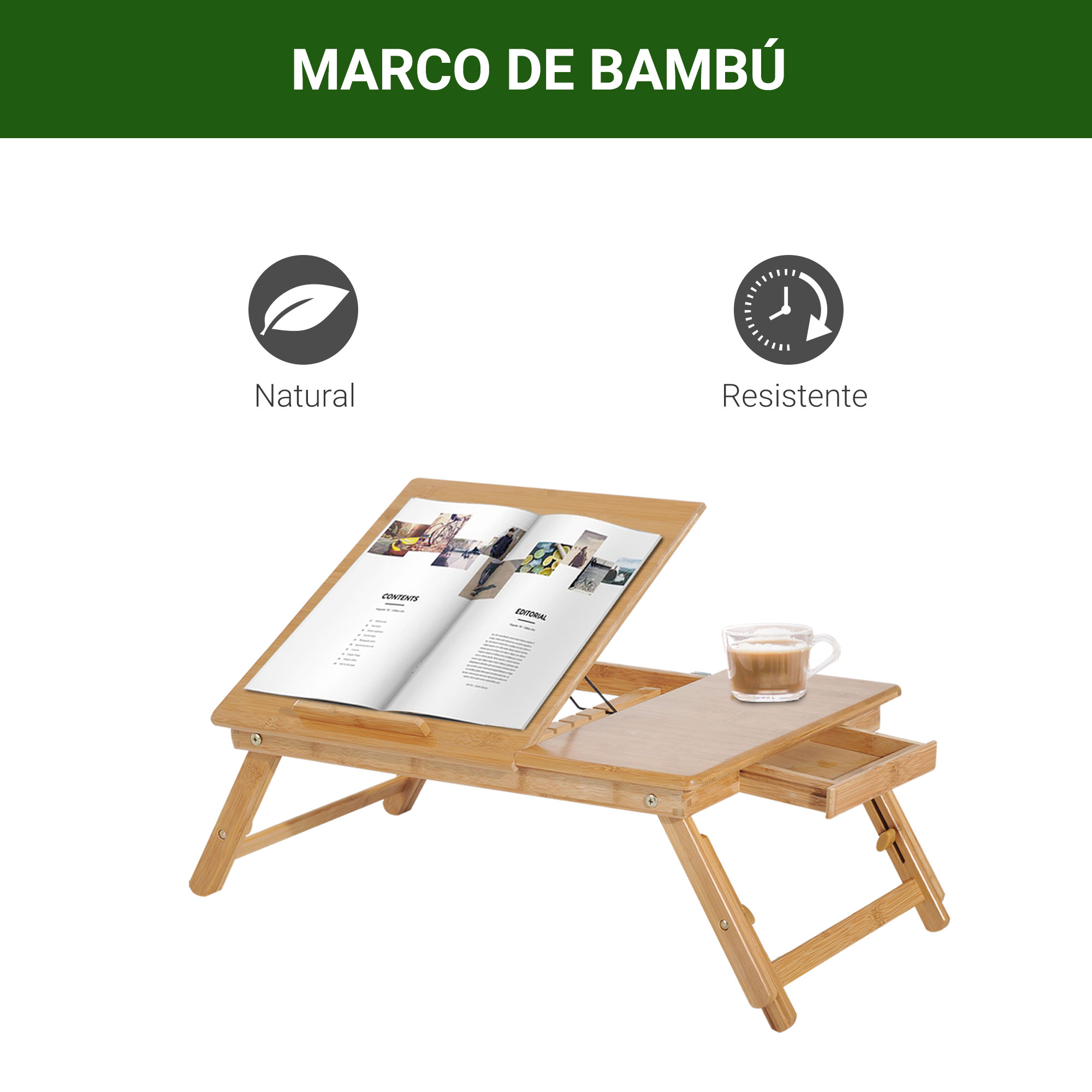Una mesa de bambú para portátil con un libro abierto y una taza de café.
