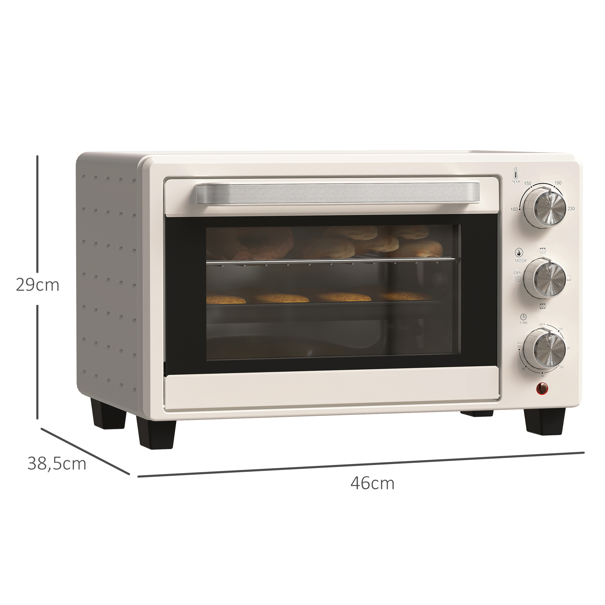 Un horno de sobremesa color crema con rejillas y pan dentro.