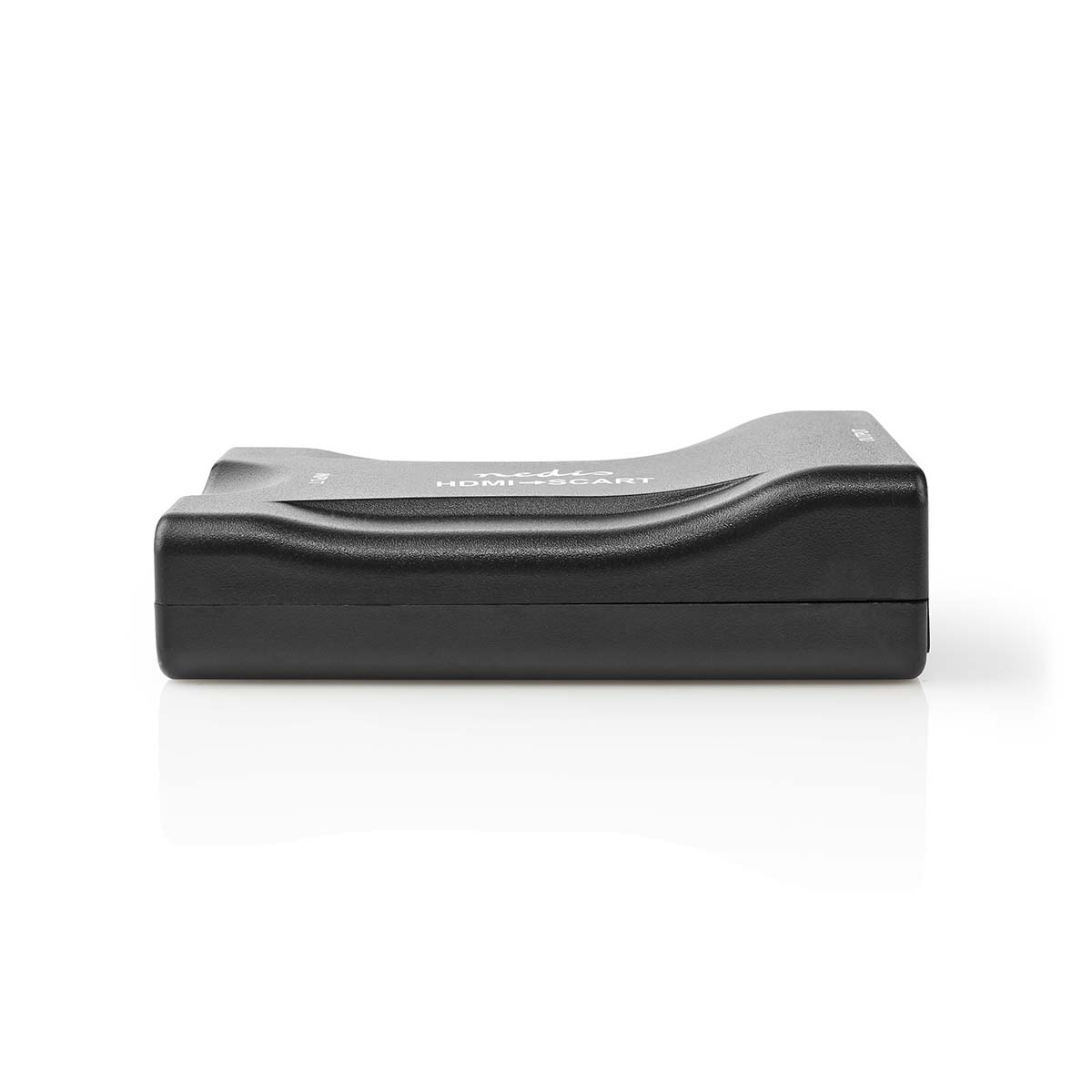 Convertitore da HDMI a SCART nero con motivo ondulato in cima.