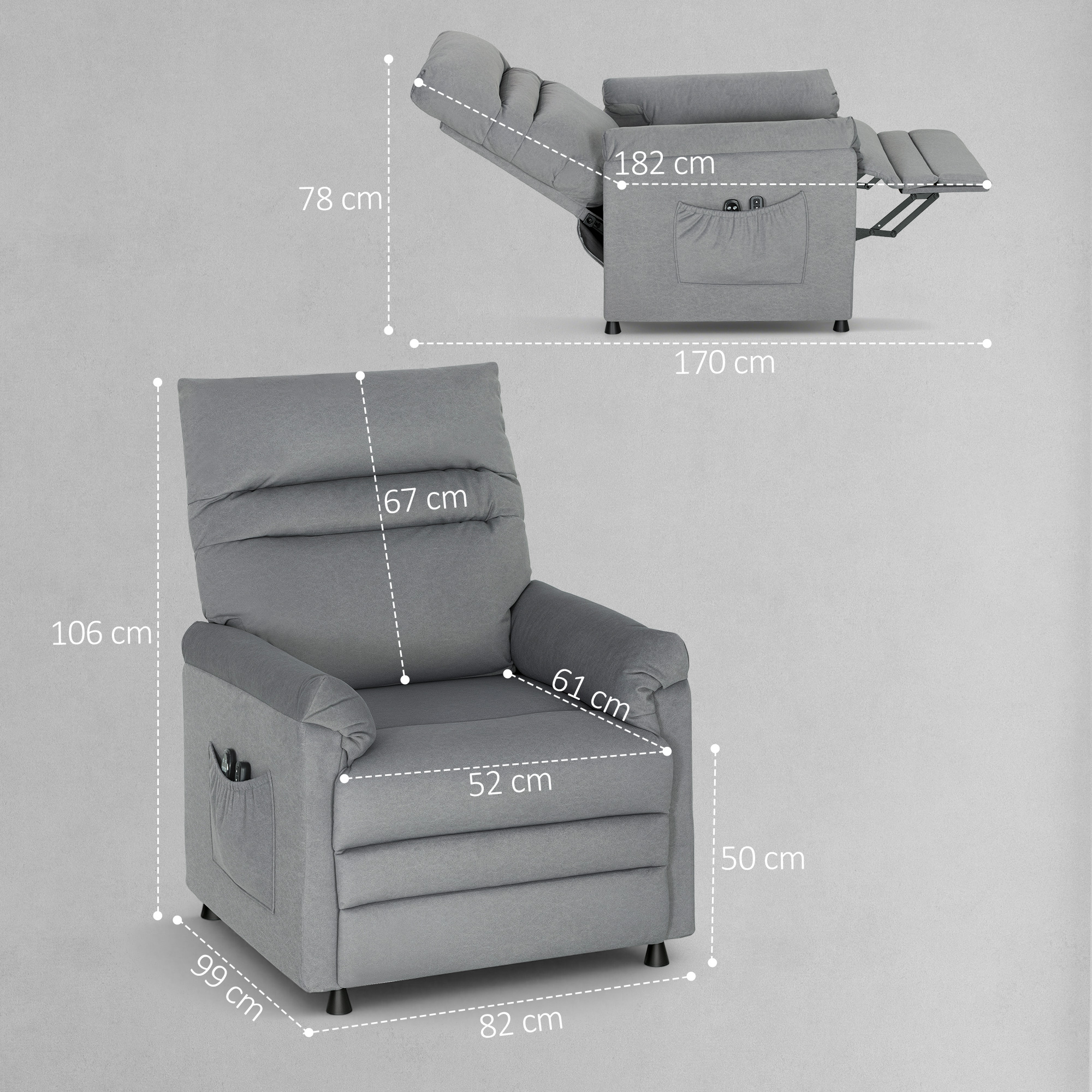 Sillón gris con dimensiones, posiciones reclinada y vertical mostradas.