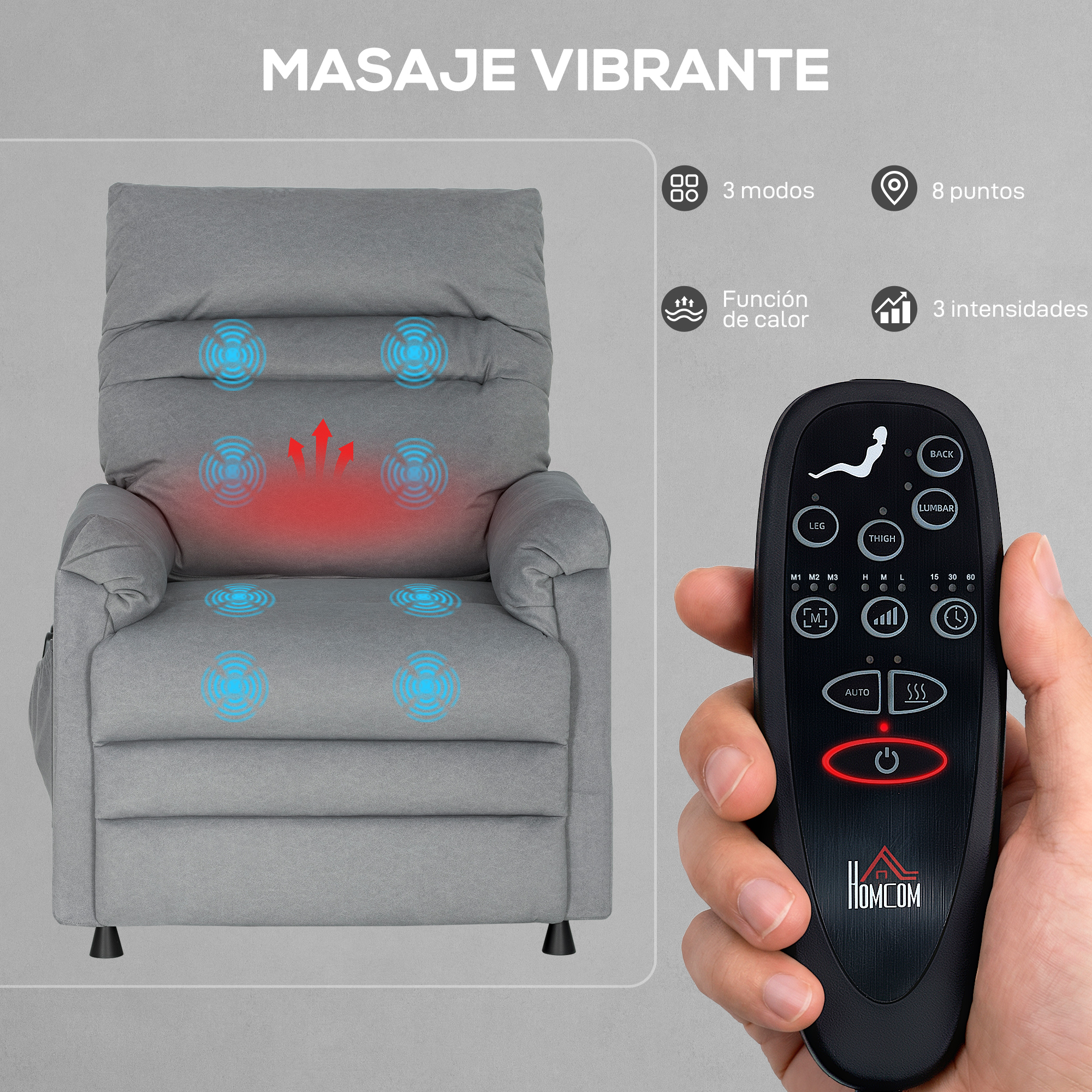 Sillón de masaje gris con mando que muestra 3 modos, calor y 8 puntos.