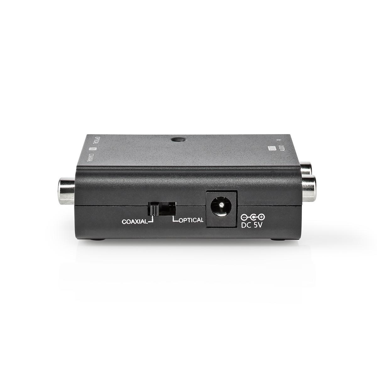 Schwarzer Audio-Konverter mit koaxialen, optischen Eingängen und 5V Gleichstrom.