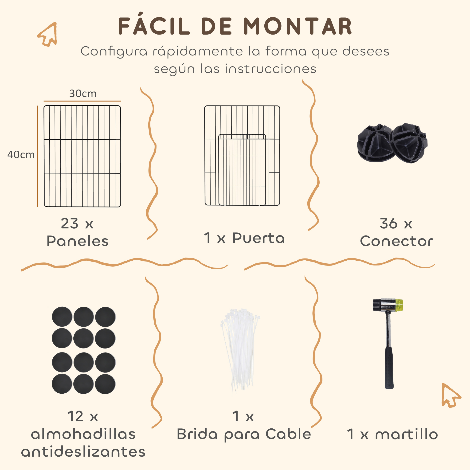 Vista general de piezas de montaje: paneles, puerta, conectores, almohadillas, bridas.