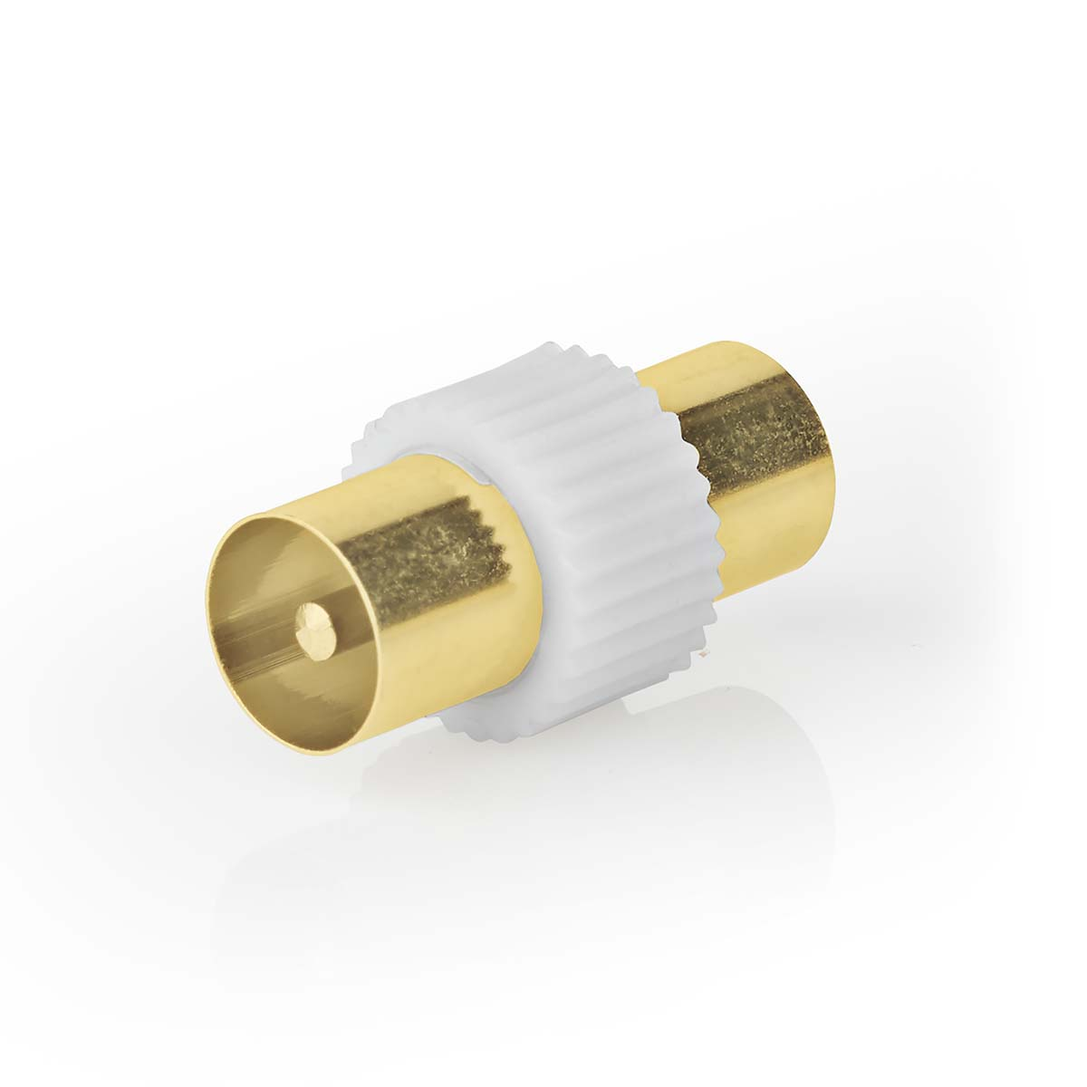 Ein goldener Koaxialstecker mit weißem Kunststoffgriff auf weißem Hintergrund.