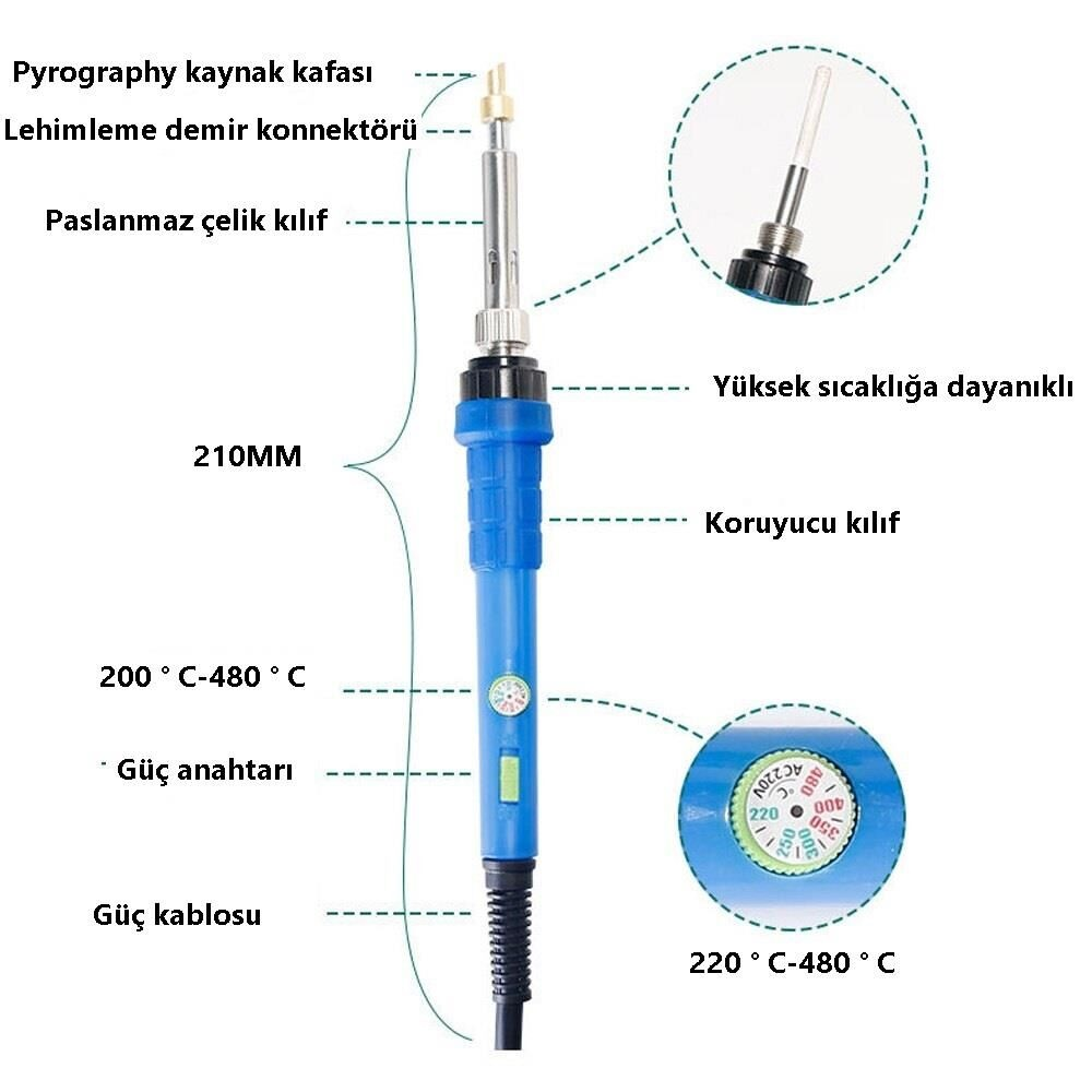 Sıcaklık ayarlı mavi havya, 210mm uzunluk, 220-480°C.