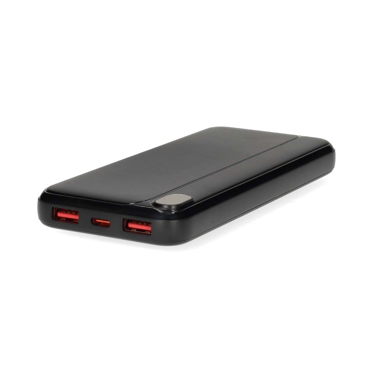 Black power bank with two red USB ports and a gray button.
