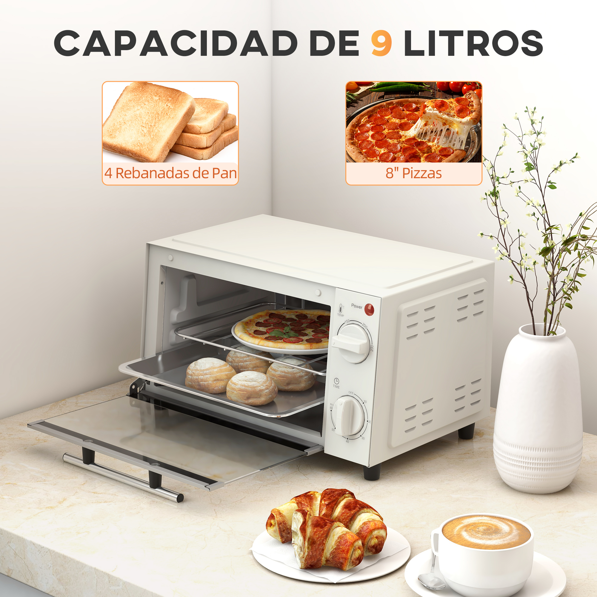 Un horno de sobremesa blanco con pizza y pan dentro, junto a un cruasán y café.