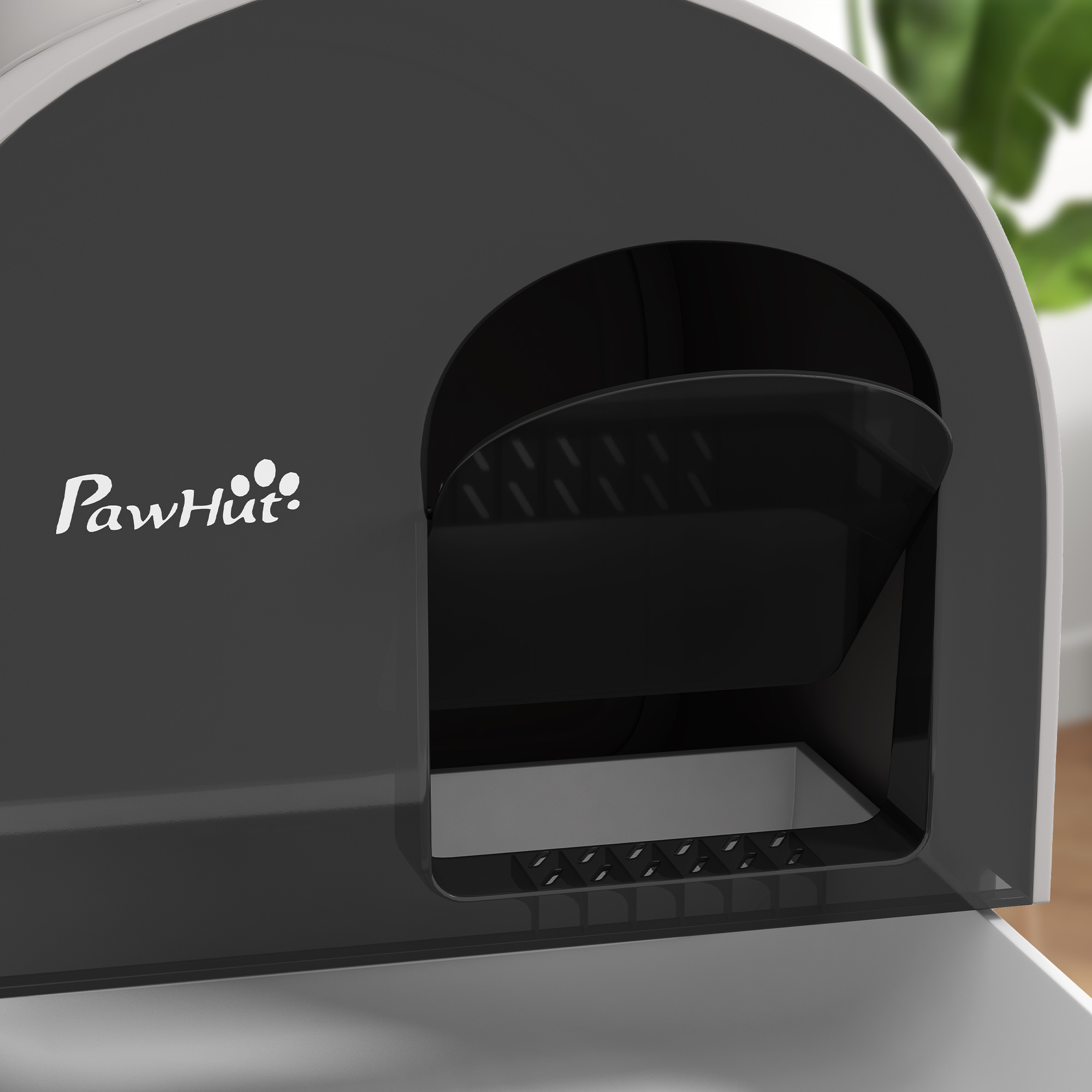 Bandeja de arena para gatos gris con logo blanco, parte superior abierta. Interior oscuro.